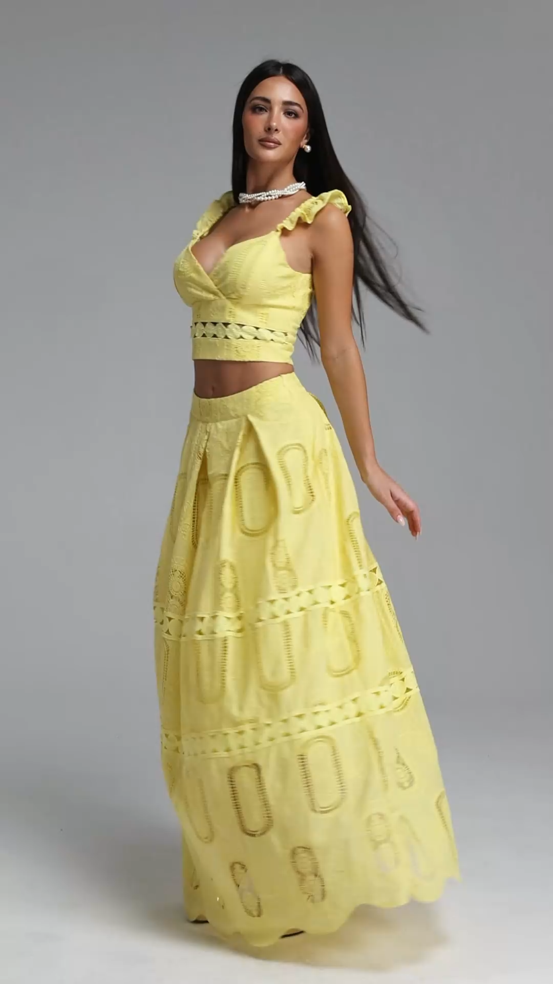 Lali Resort Flowy V Neck Sleeveless Ruffle Woven Yellow Top and Skirt Two Piece Set