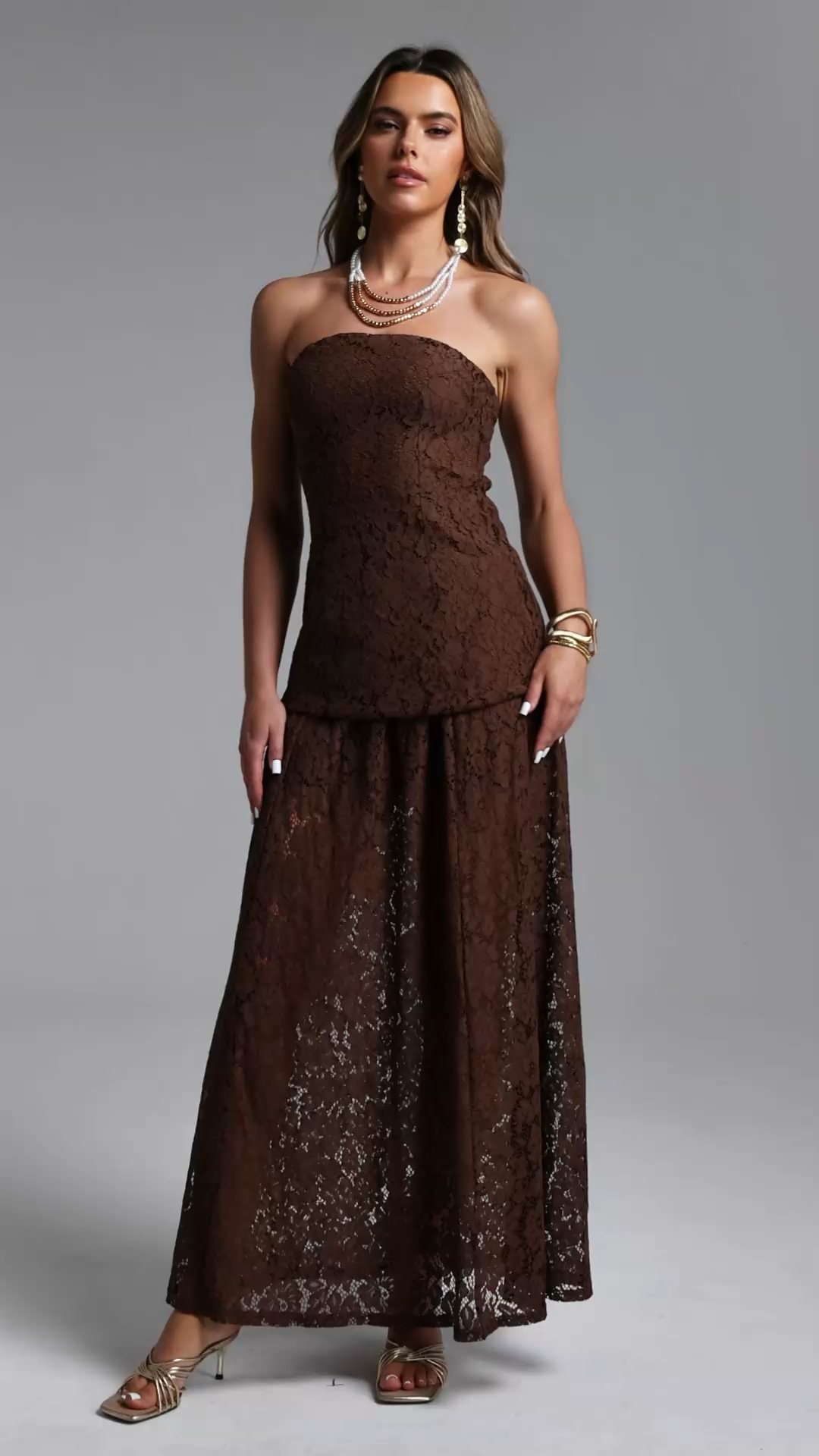 Tiere Elegant Flowy Strapless Lace Top and Skirt Set