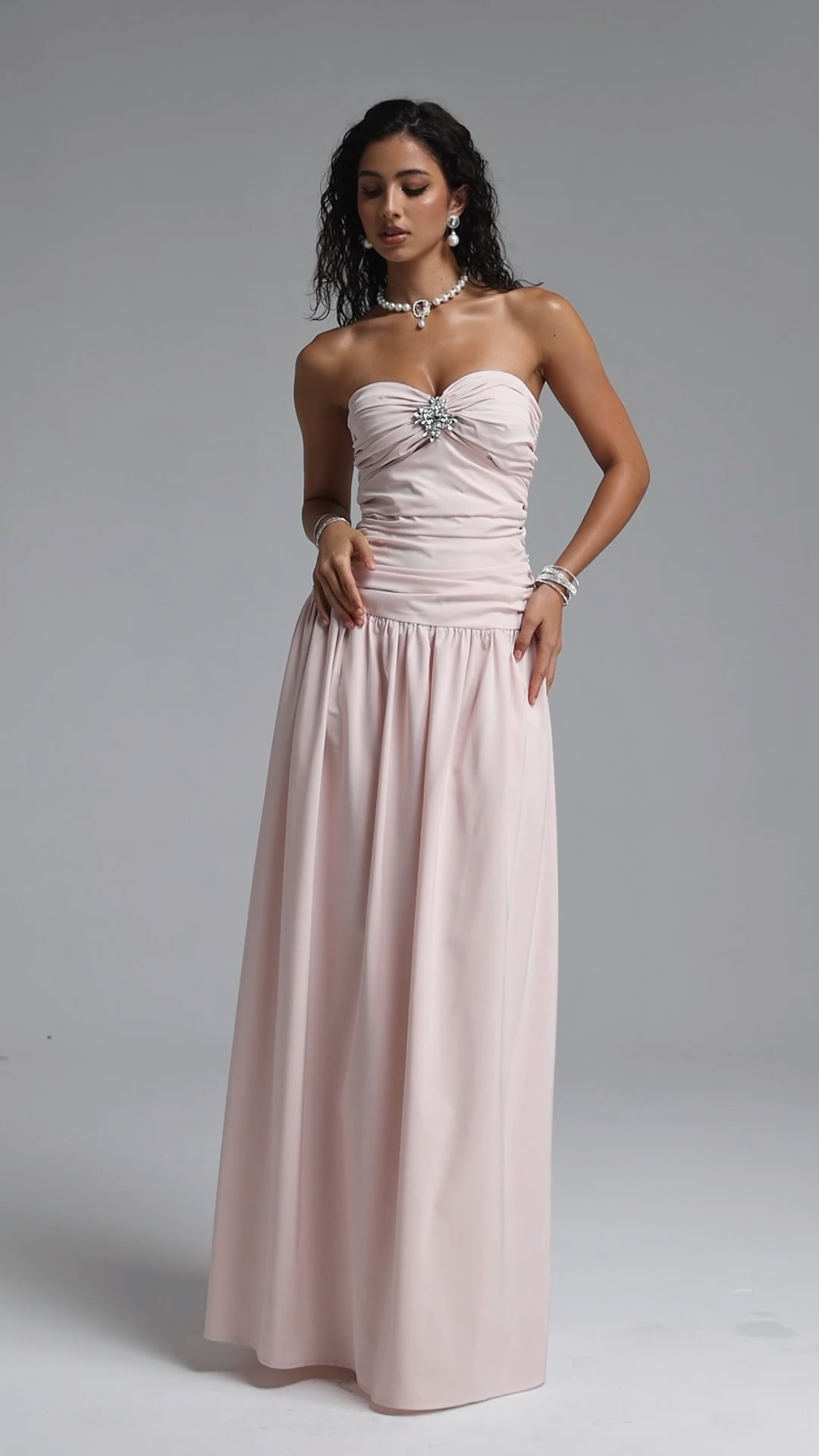 Marina Elegant Strapless Diamond Ruched Waist Maxi Dress