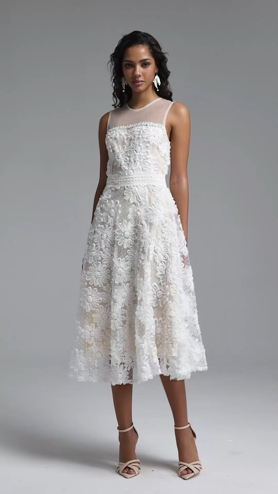 Yeney Resort Flowy Sleeveless Floral Tulle Midi Dress