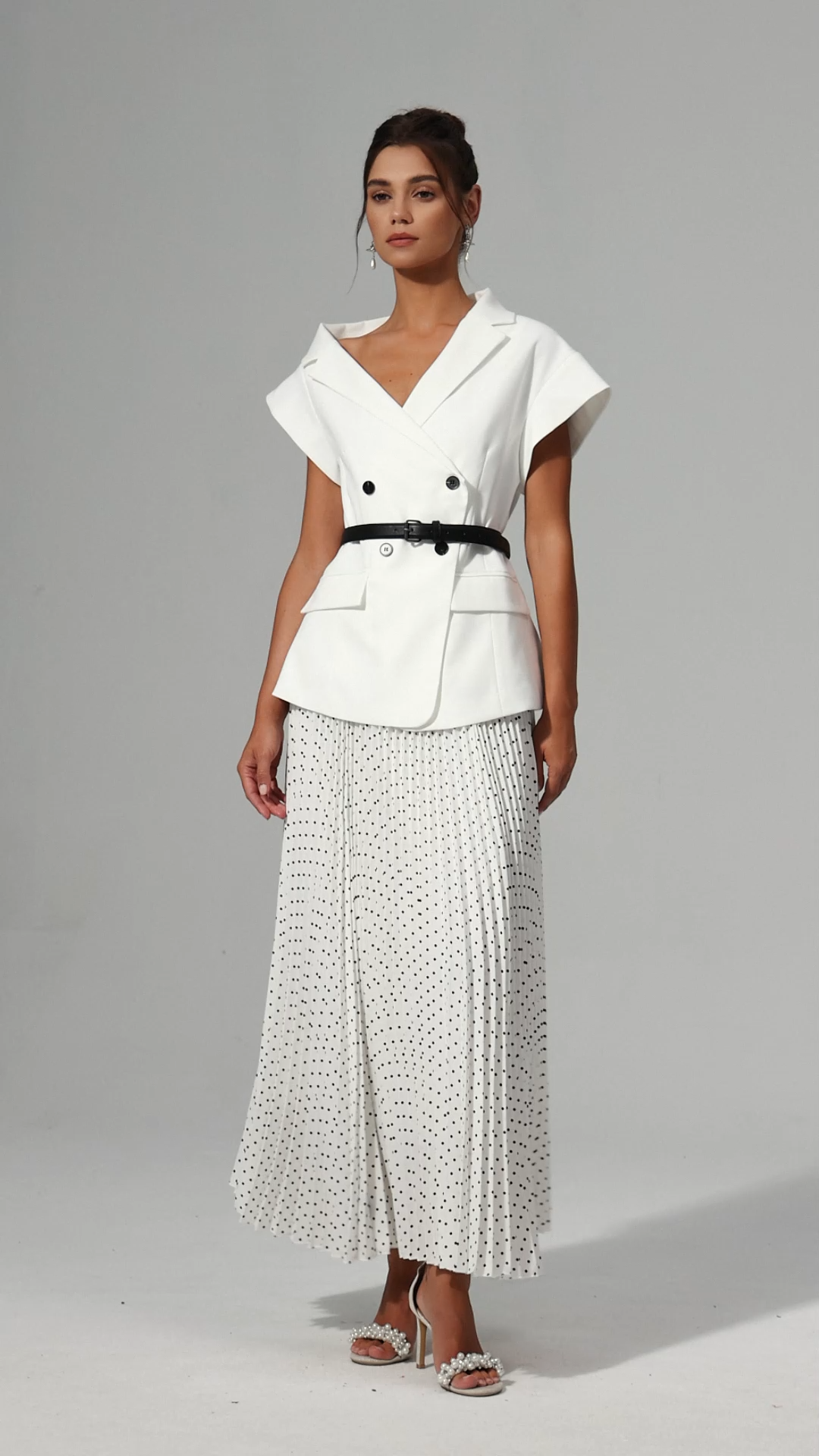 Kosala Asymmetric Dot Printed Folds Suit Top And Skirt Two-Piece Set