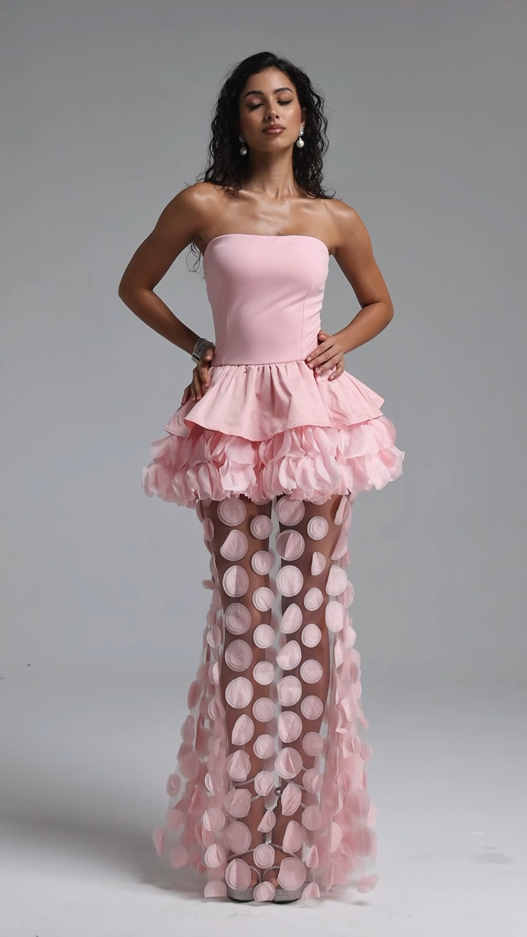 Johanne Elegant Contour Strapless Ruffle Contrast Pink Maxi Dress