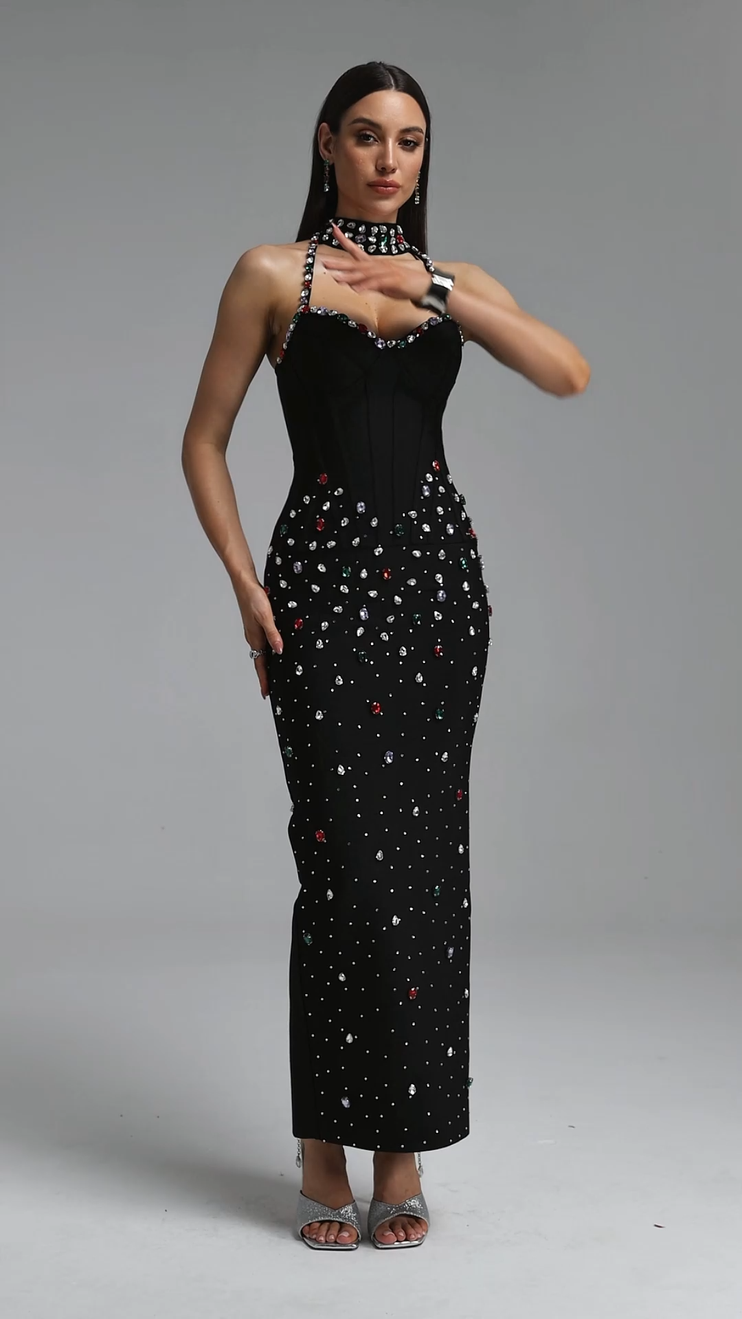 Simone Luxury Halter Rhinestone Bandage Maxi Dress