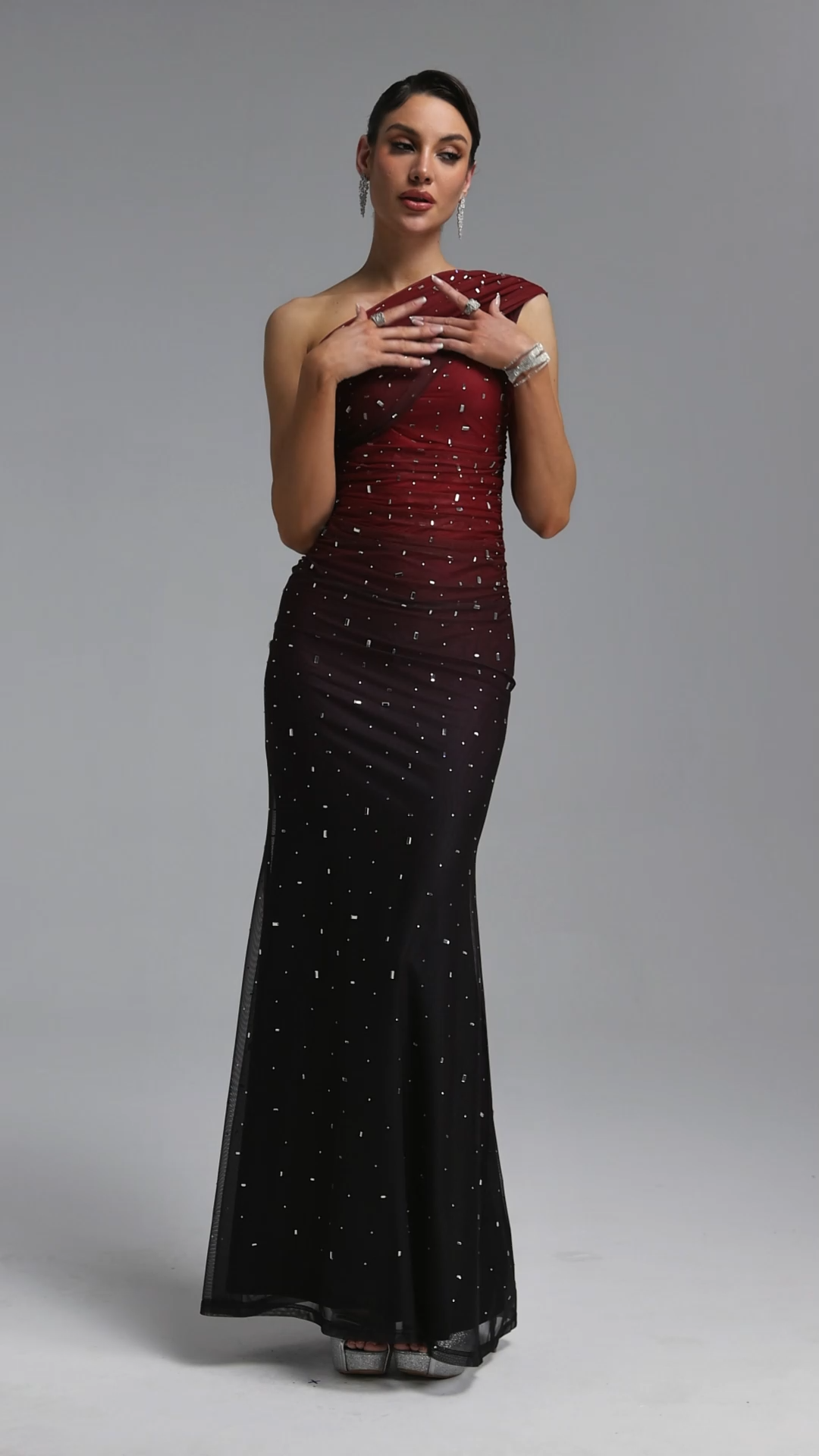 Sienna Luxury One Shoulder Gradient Rhinestone Maxi Dress