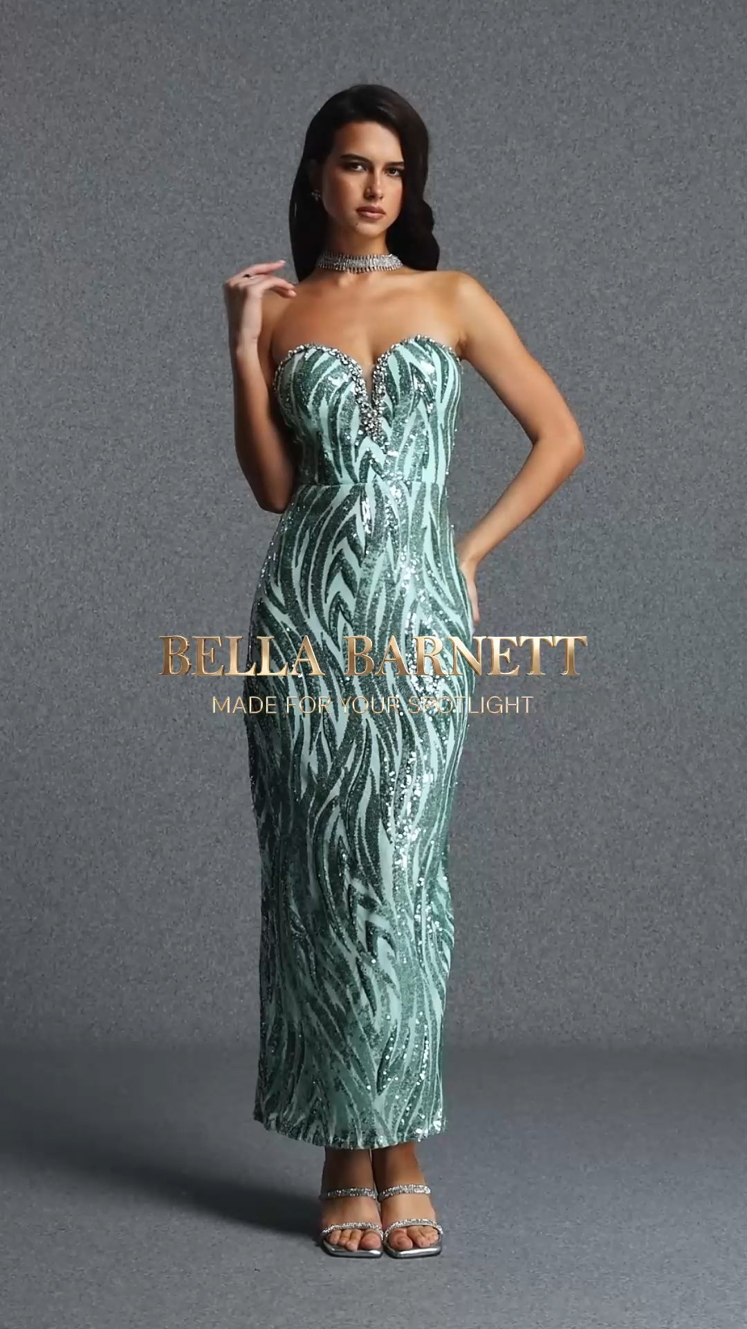 Lila Exquisite Sweet Heart Neck Rhinestone Sequin Floral Green Maxi Dress