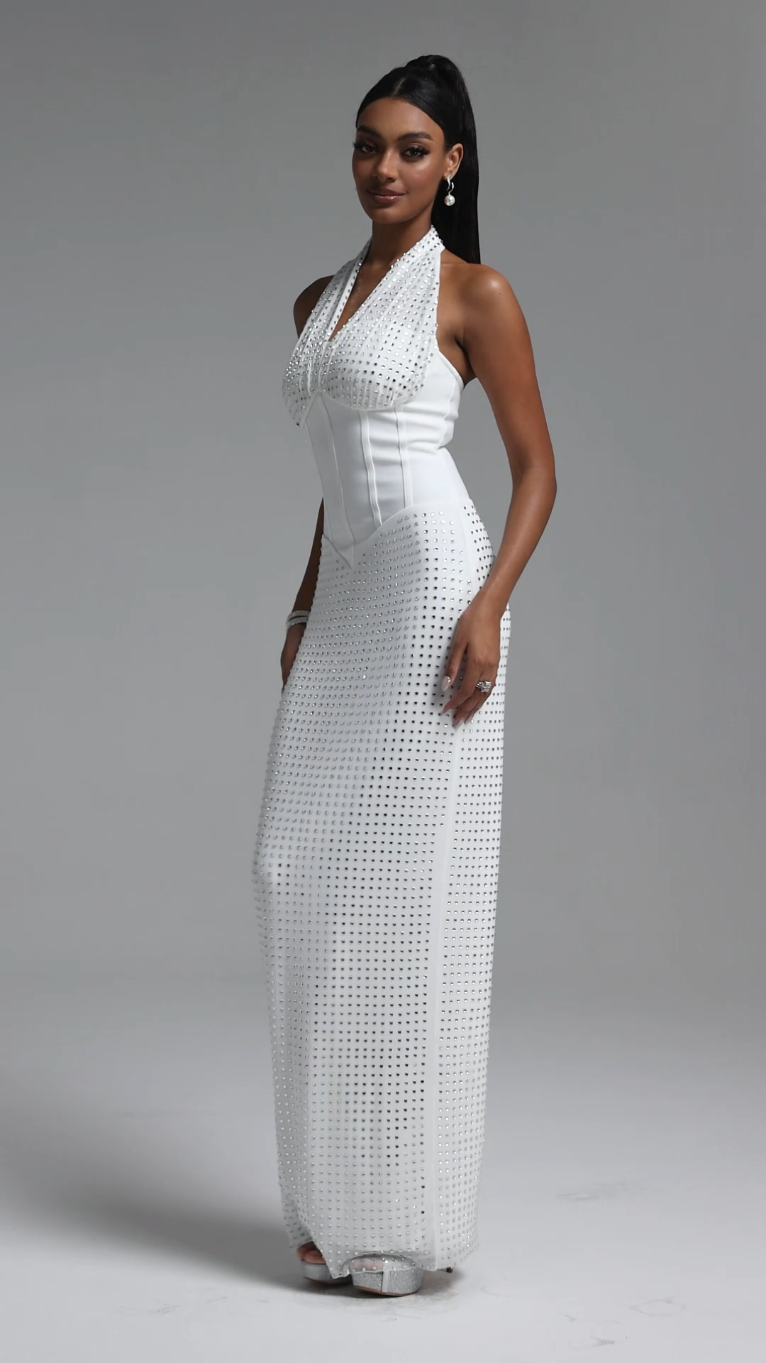 Tess Elegant Waist-Cinched Halter Rhinestone Maxi Bandage Dress