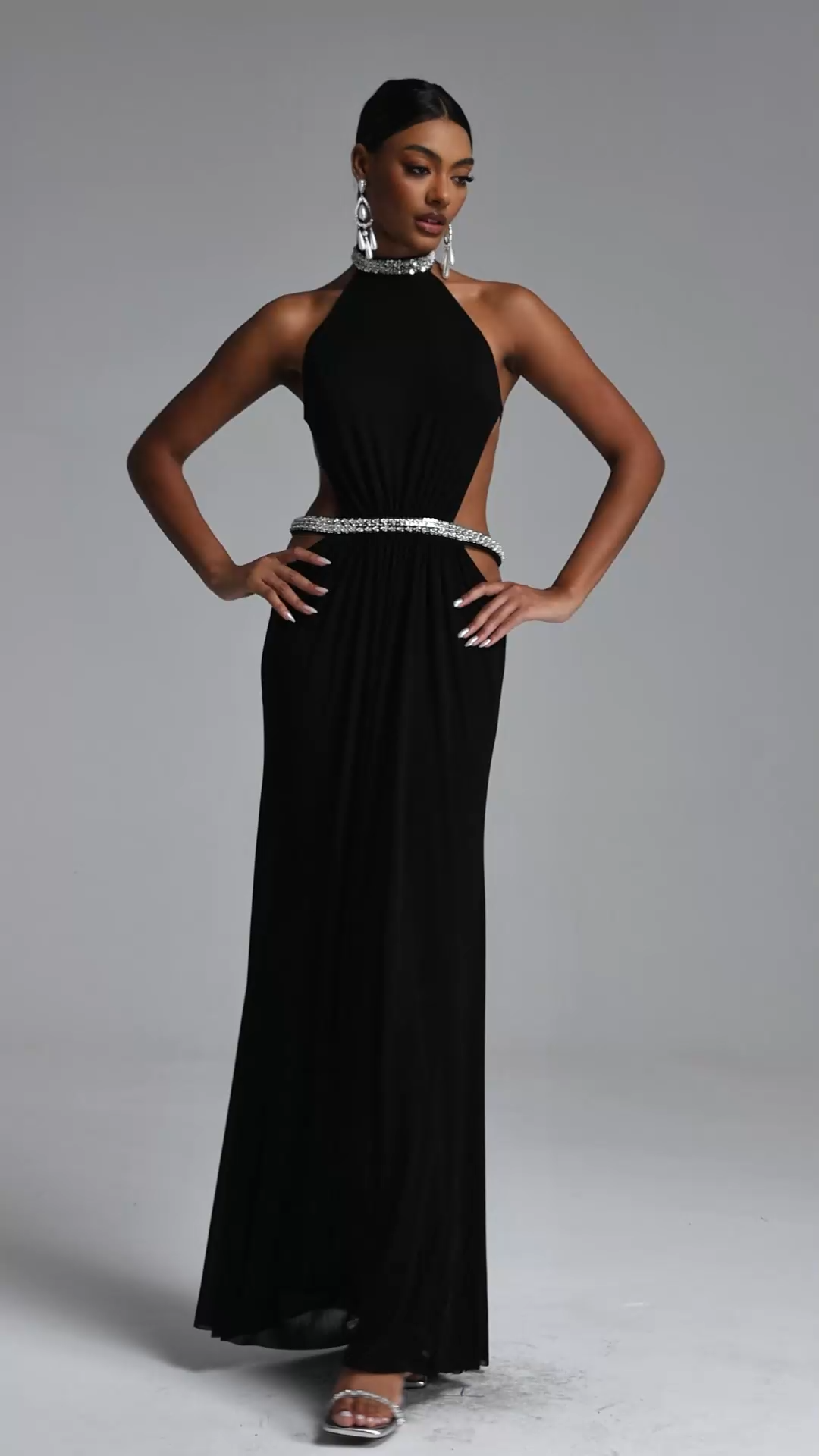 Evelina Chic Flowy Halter Open Back Ruched Maxi Dress