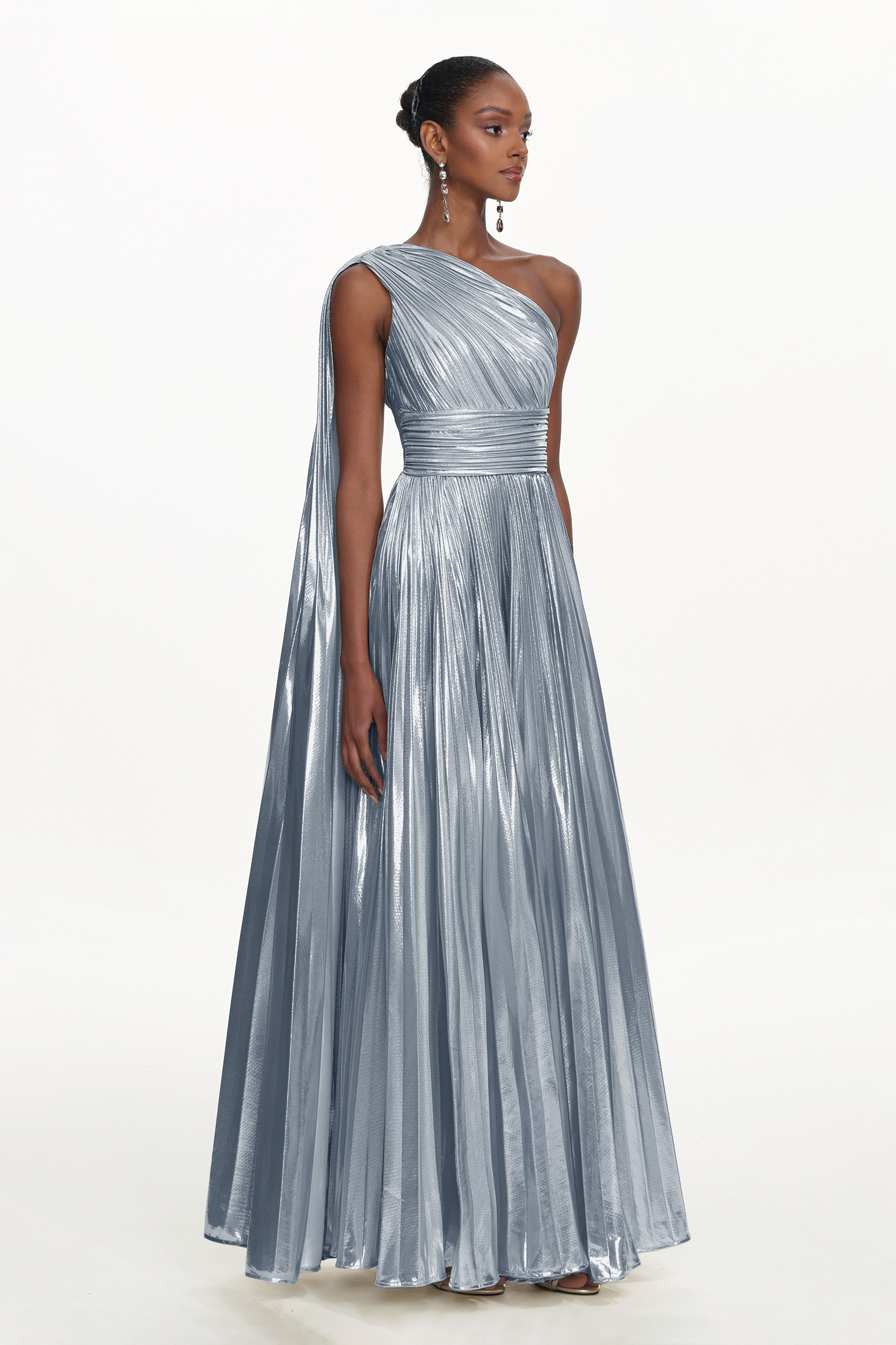 Leyla Glamorous Contour One Shoulder Drape Pleated Metallic Silver Maxi Dress