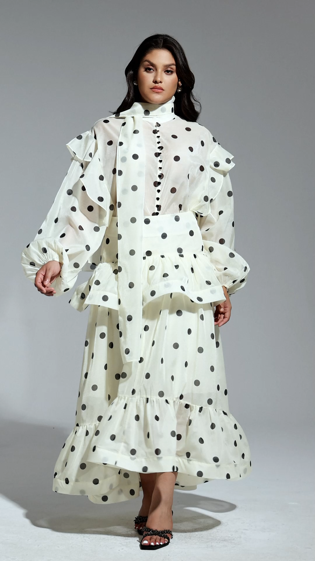 Rode Dot Printed Folds Long Sleeves Top And Skirt Two-Piece Set