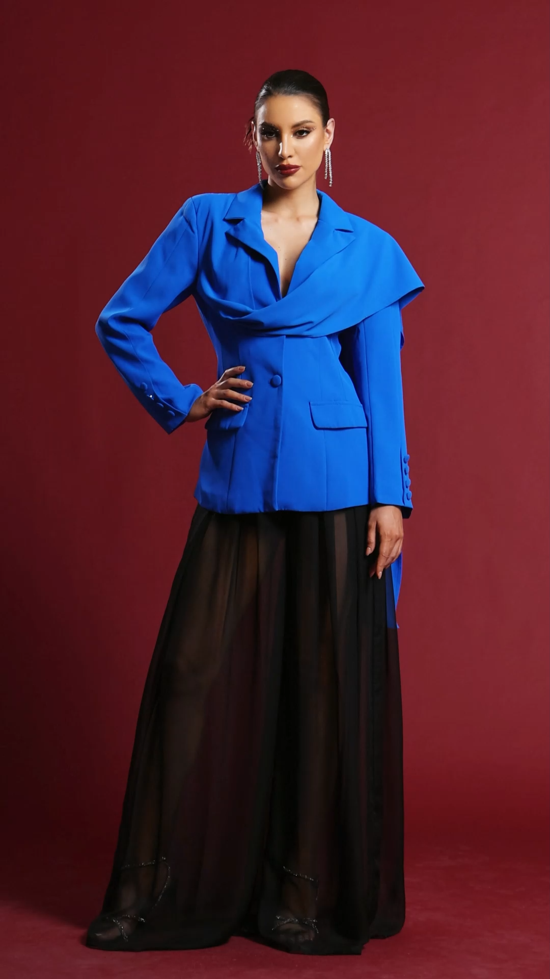 Diliro Classic Tailored Long Sleeve Draped Scarf Blazer