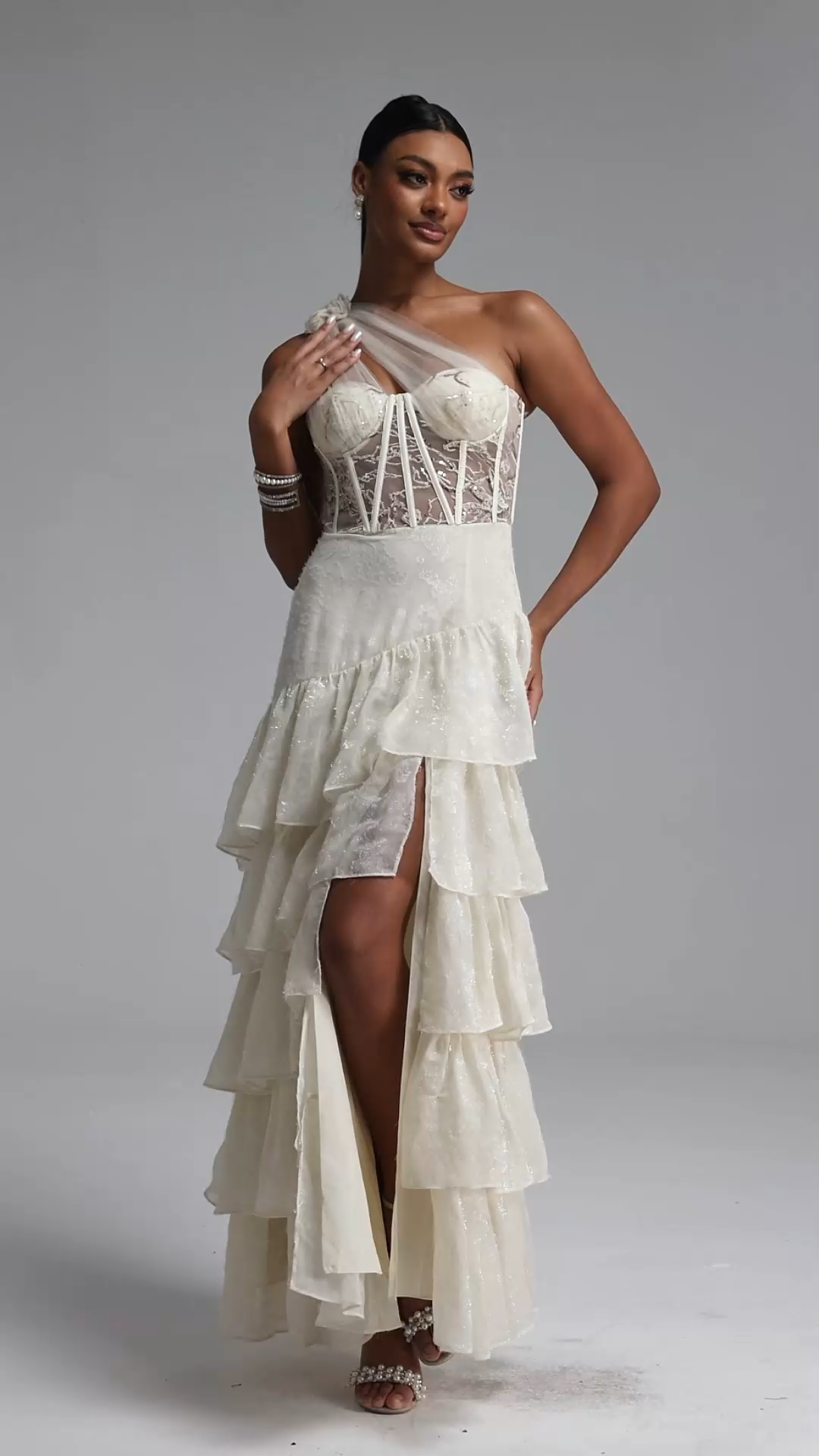 Hedar Romantic Tailored One Shoulder Cut Out Ruffle Embellished Sequin Maxi Dress