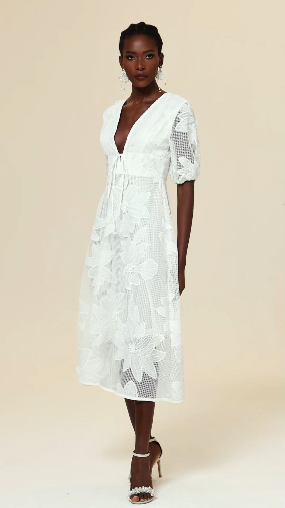 Loru Deep-V Puff Sleeve Bowknot Lace Maxi Dress