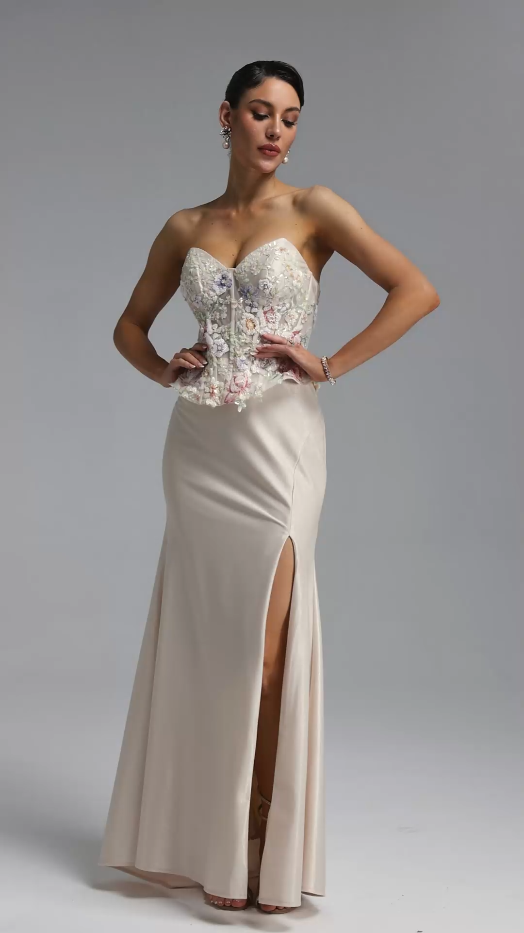 Poppy Luxury Strapless Floral Satin Mermaid Maxi Dress