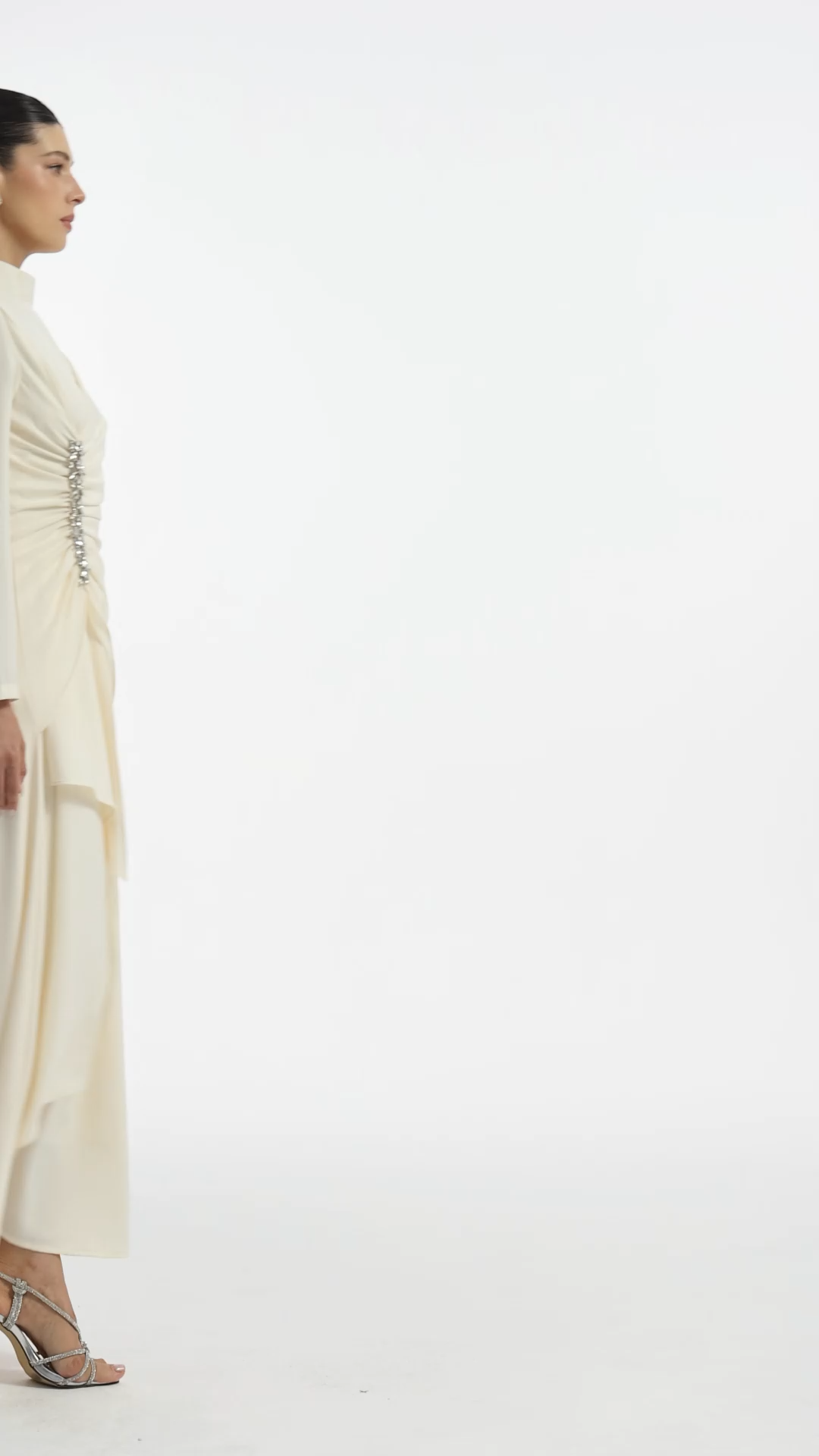 Elaia Romantic Flowy Long Sleeve Ruched Rhinestone Woven Maxi Dress