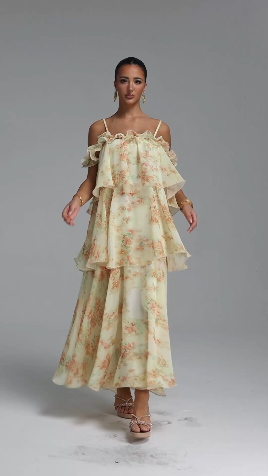 Tasanee Resort Flowy Spaghetti Strap Ruffle Floral Print Chiffon Maxi Dress