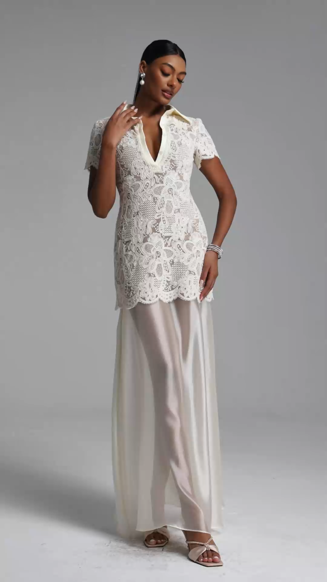 Locia Elegant Contour Buttoned Short Sleeve Lace Top and Satin Skirt