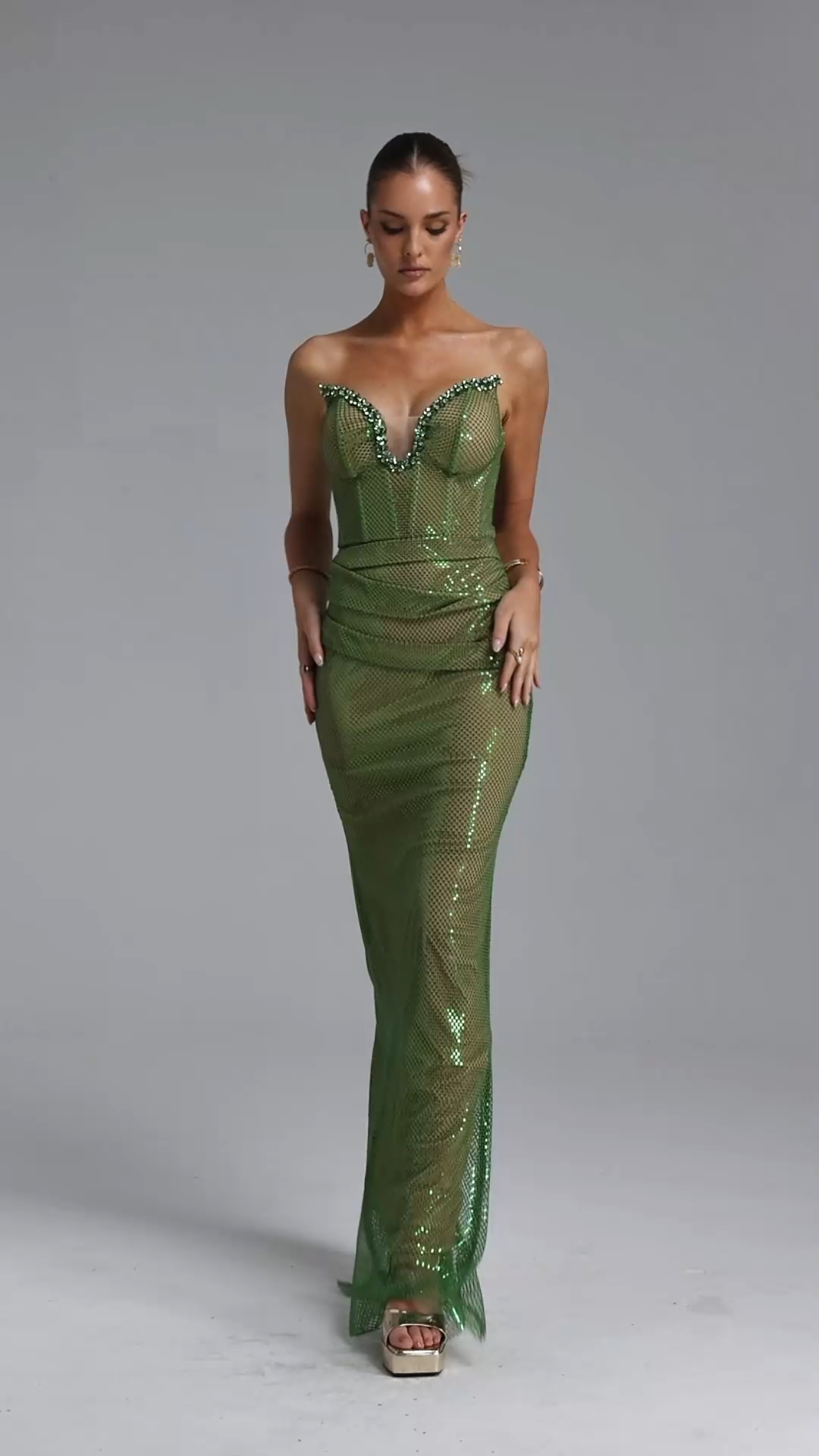 Kuhany Chic Contour Strapless Rhinestone Fish Net Maxi Dress