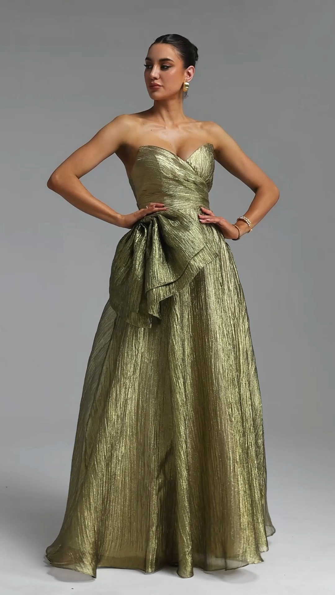 Petra Elegant Waist-Cinching Strapless Bow Ruched Metallic Shine Full A-Line Maxi Evening Dress