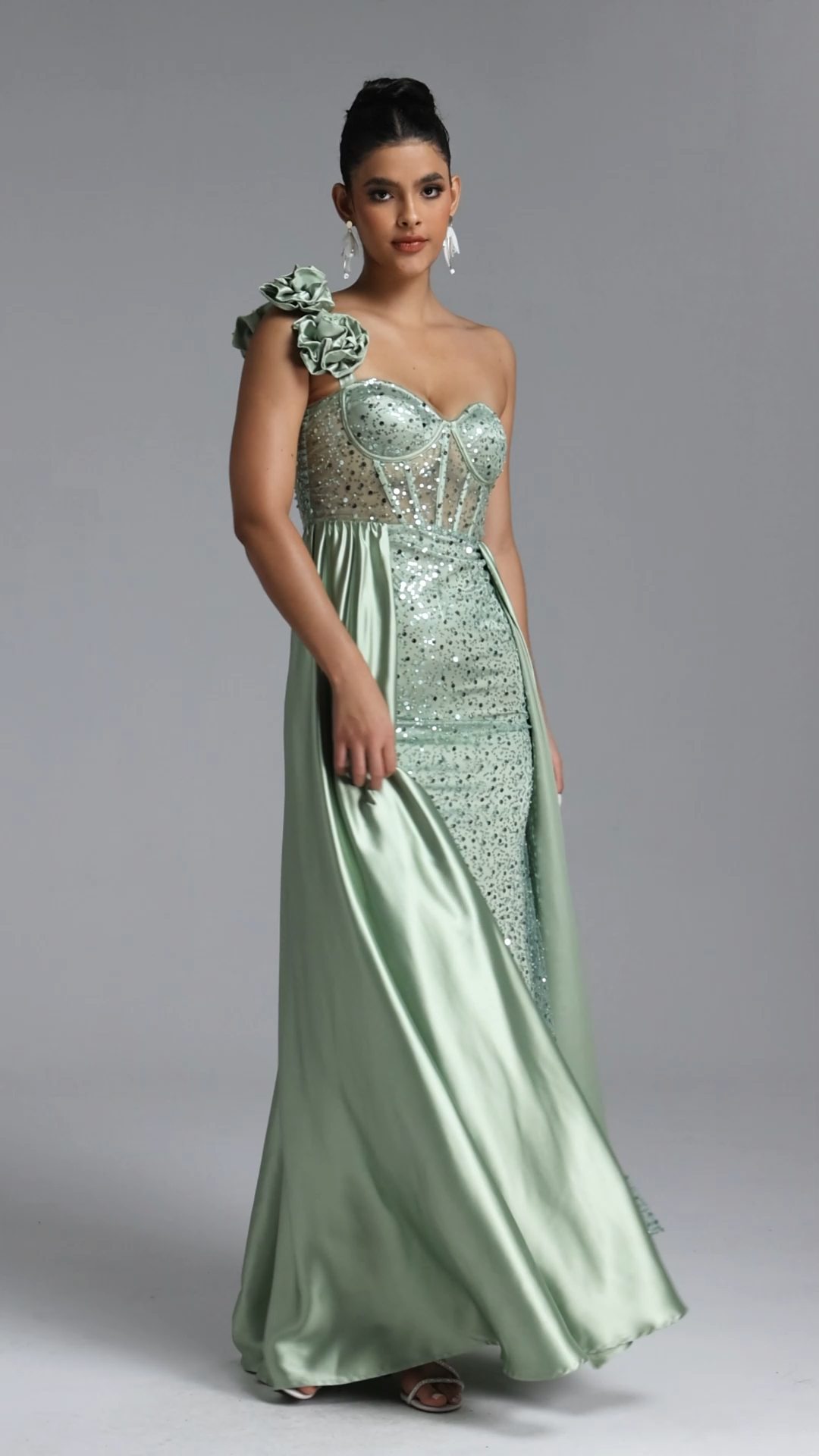 Zeren Elegant Tailored One Shoulder Sequin Maxi Dress
