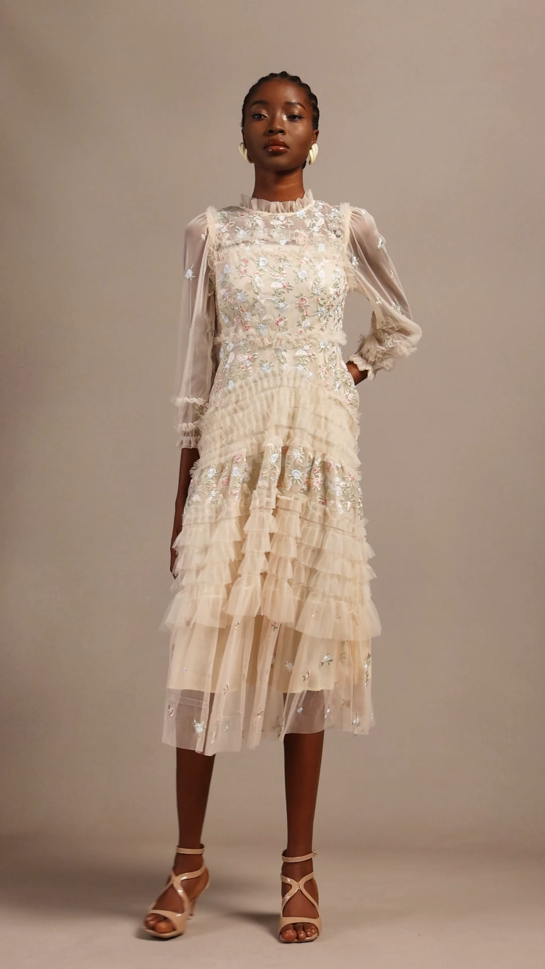 Lina Resort Flowy Ruched Long Sleeve Floral Mesh Maxi Dress