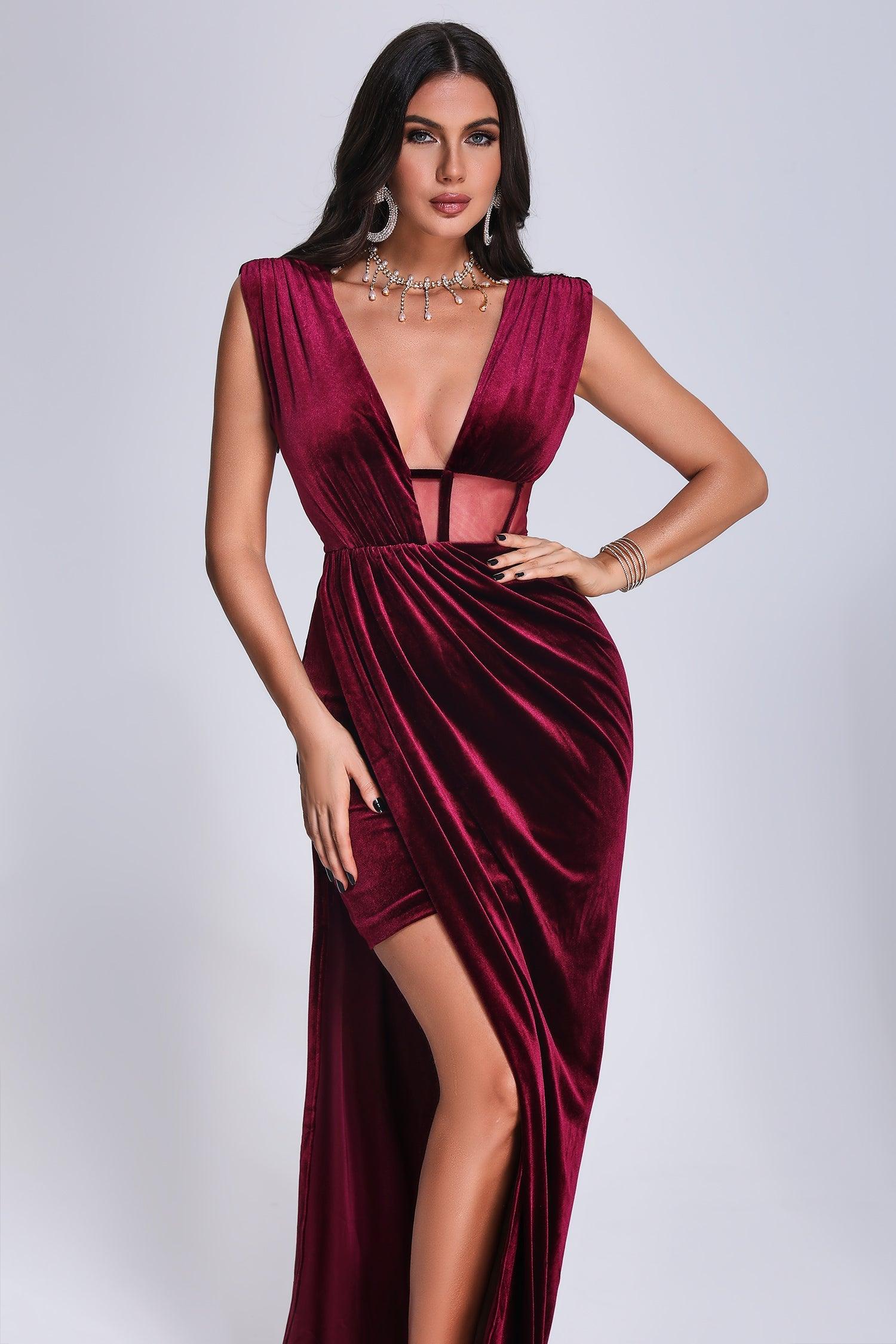 Saffron Velvet Maxi Dress - Red - Bellabarnett