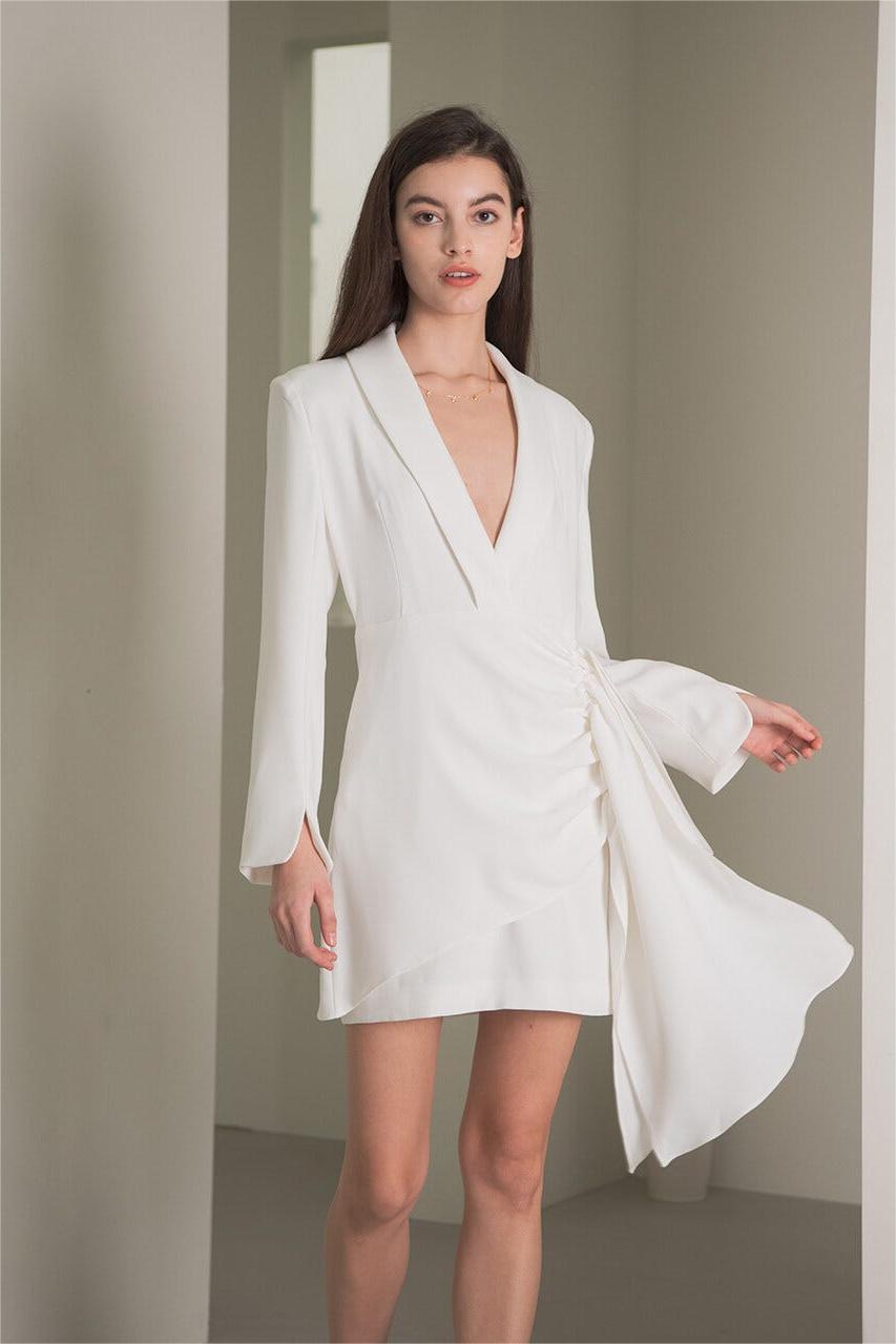 White Long Sleeves V-neck Smocked Elastic Mini Dress