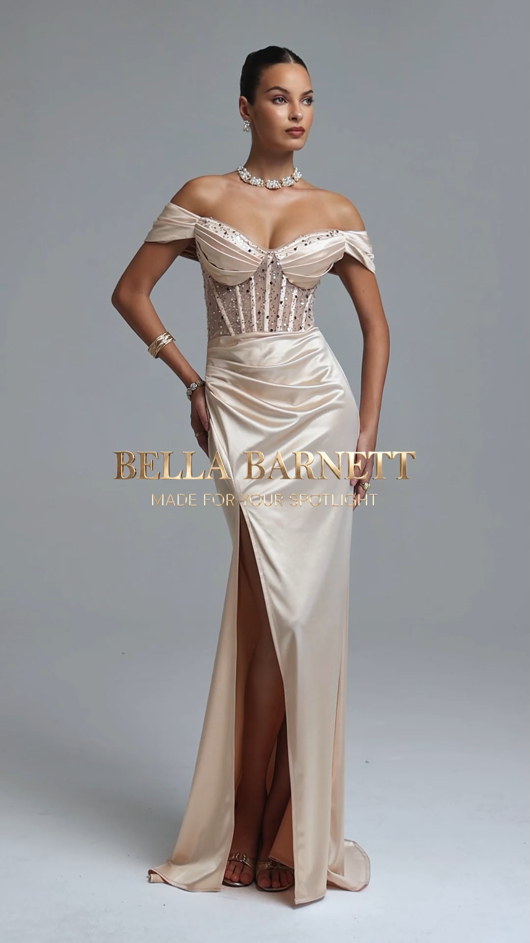 Kavaza Elegant Luxury Off Shoulder Ruched Rhinestone Slit Satin Maxi Dress