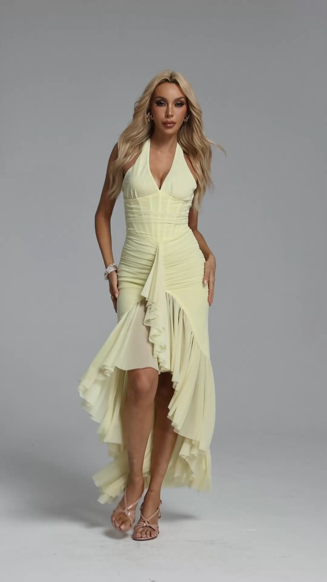 Isolde Romantic Contour Halter V Neck Ruched Mesh Maxi Dress