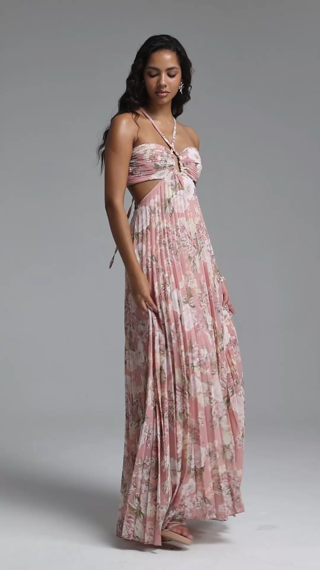 Mia Resort Flowy Spaghetti Strap Pleated Floral Print Woven Maxi Dress
