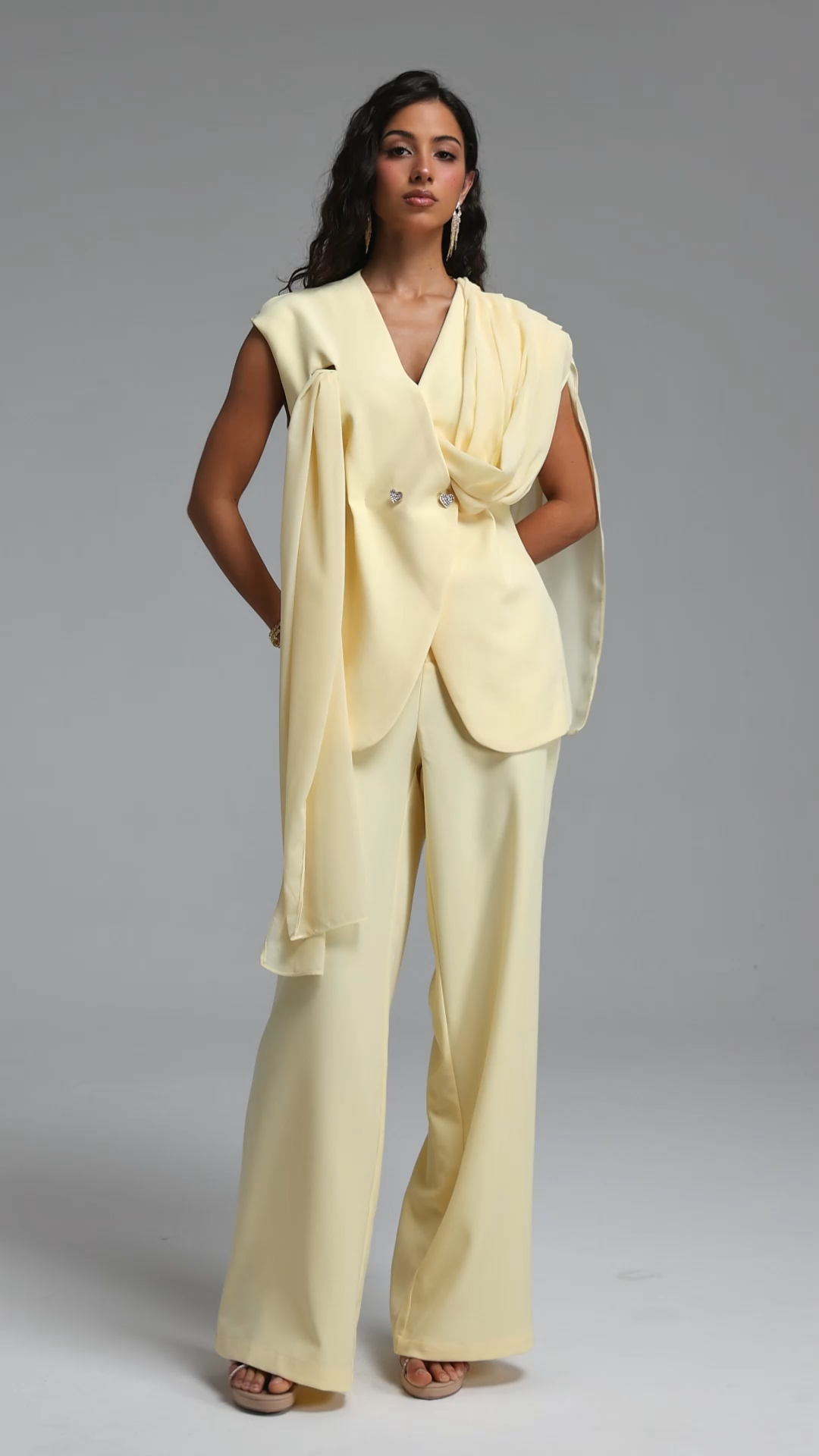 Viky Elegant Cinched-Waist Draped Cowl Neck Sleeveless Ribbon Blazer Set