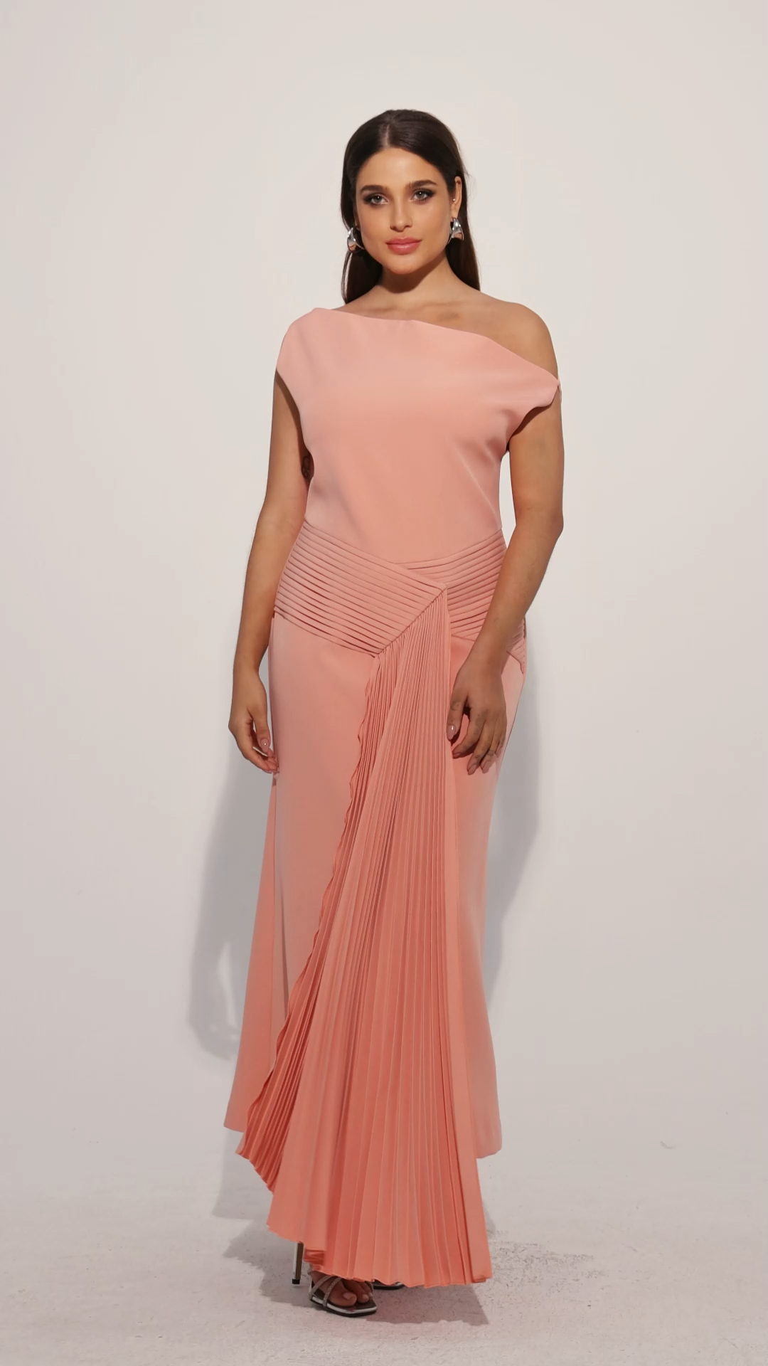 Paulina Oblique Shoulder Sleeveless Folds Pink Midi Dress
