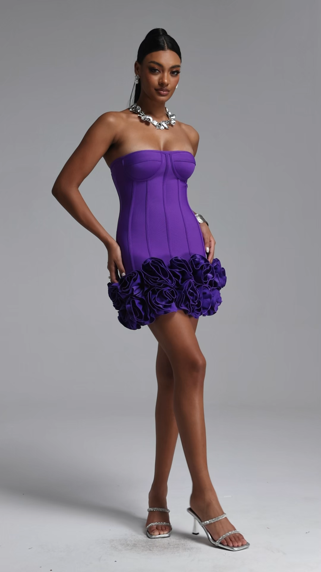 Eugenia Elegant Contour Fit Purple Strapless Corset Floral Ruffle Hem Bandage Maxi Dress