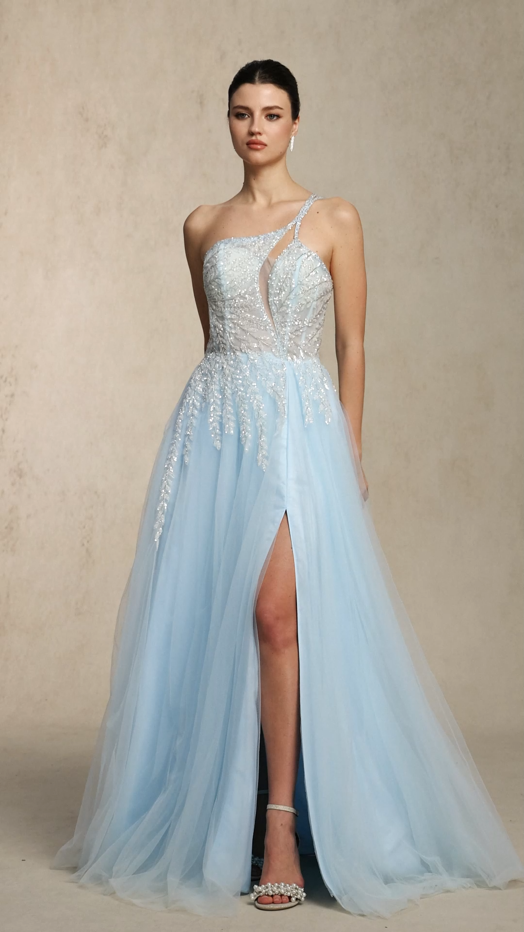 Zavan Glamorous One Shoulder Sleeve Cinched Waist Beaded Appliques Blue Maxi Dress