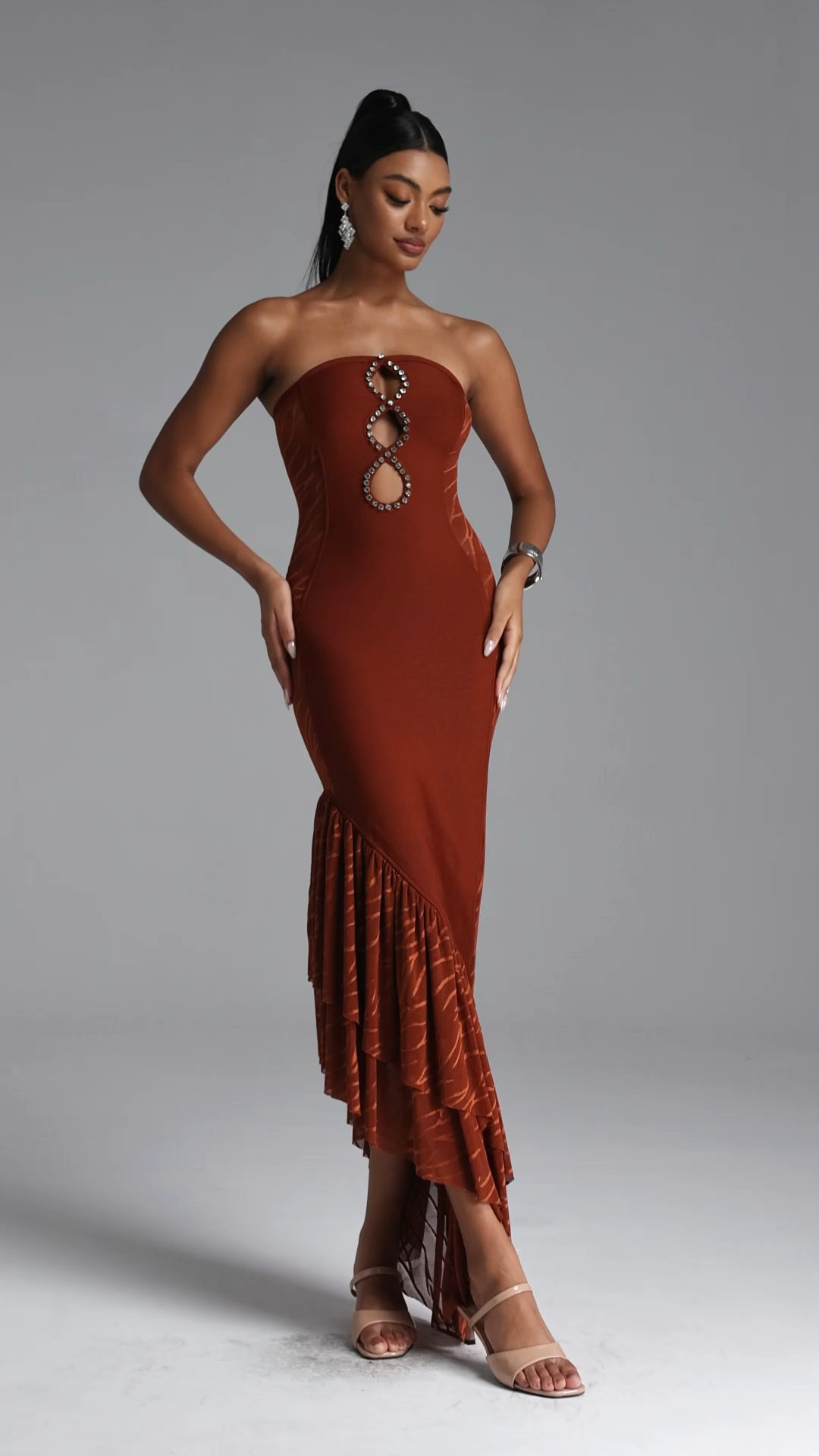 Roche Chic Contour Strapless Cut Out Ruffle Maxi Dress