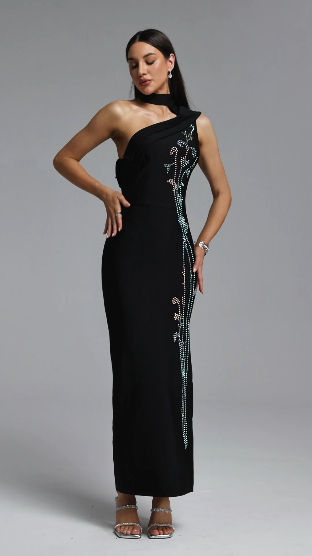Faux Elegant Contour One Shoulder Crystal Bandage Maxi Dress