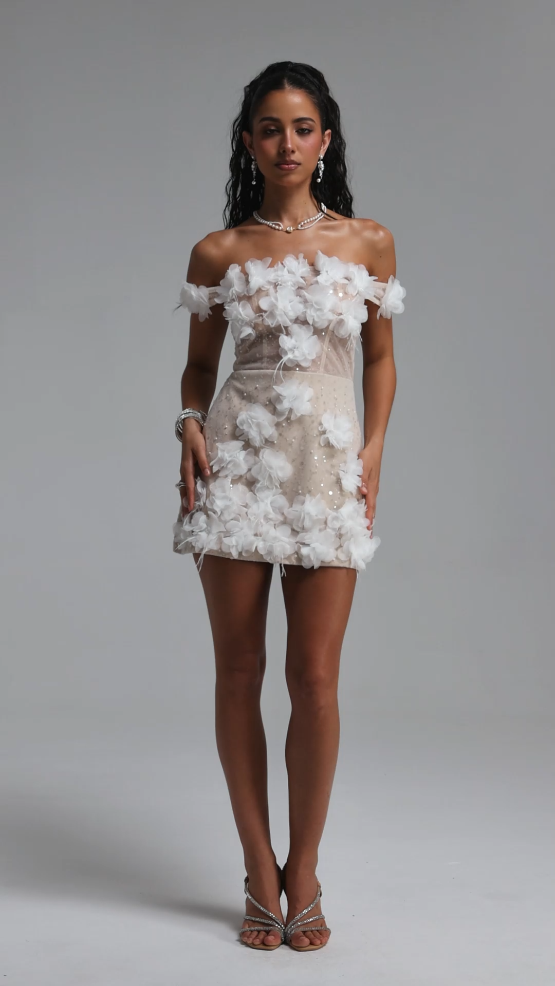 Vilina Elegant Contour Off Shoulder Knit Sequin Floral Woven Mini Dress