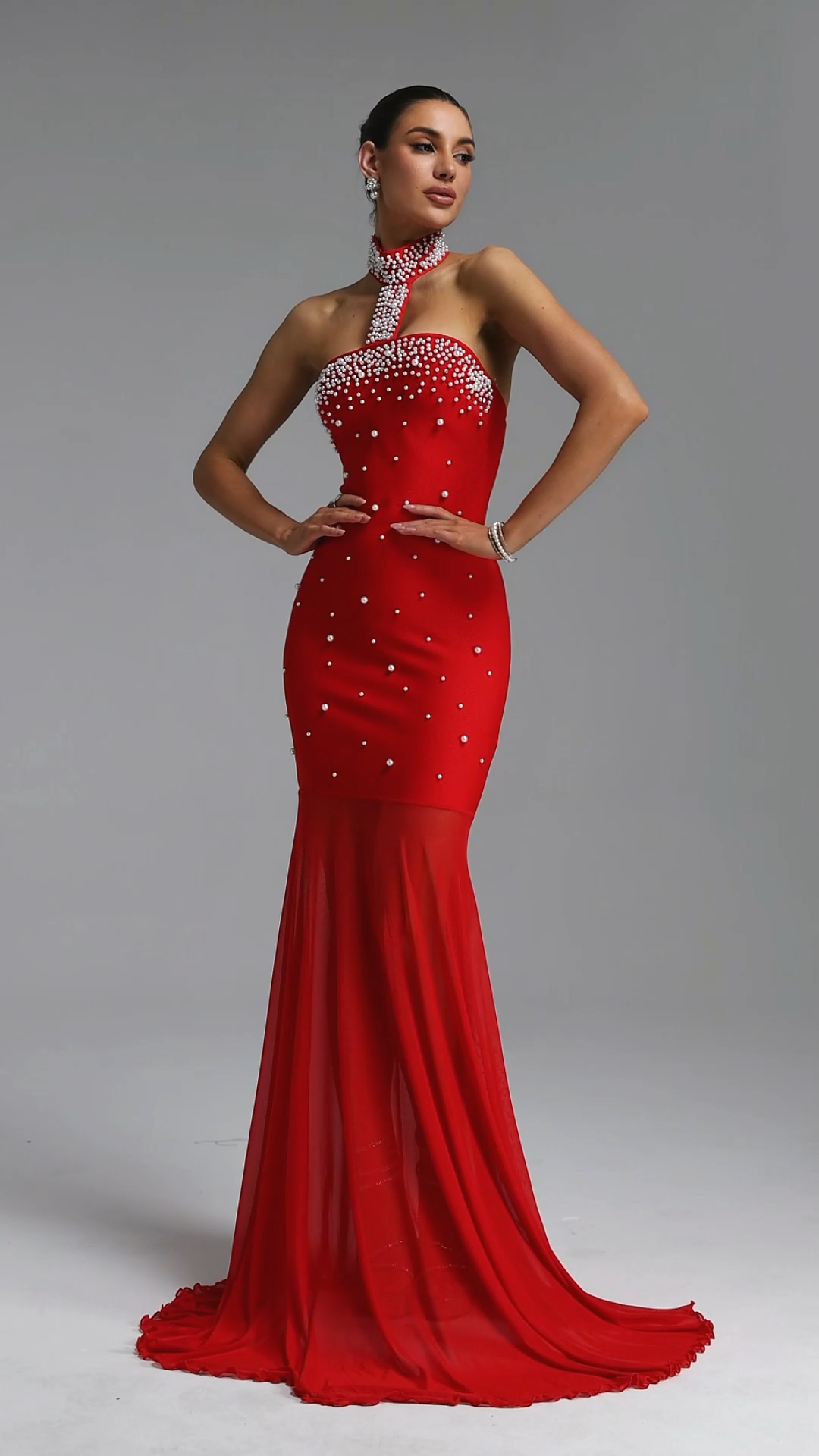 Saly Elegant Waist-Cinching Halter Cutout Neck All Over Pearl Beaded Sheer Mesh Mermaid Maxi Evening Dress