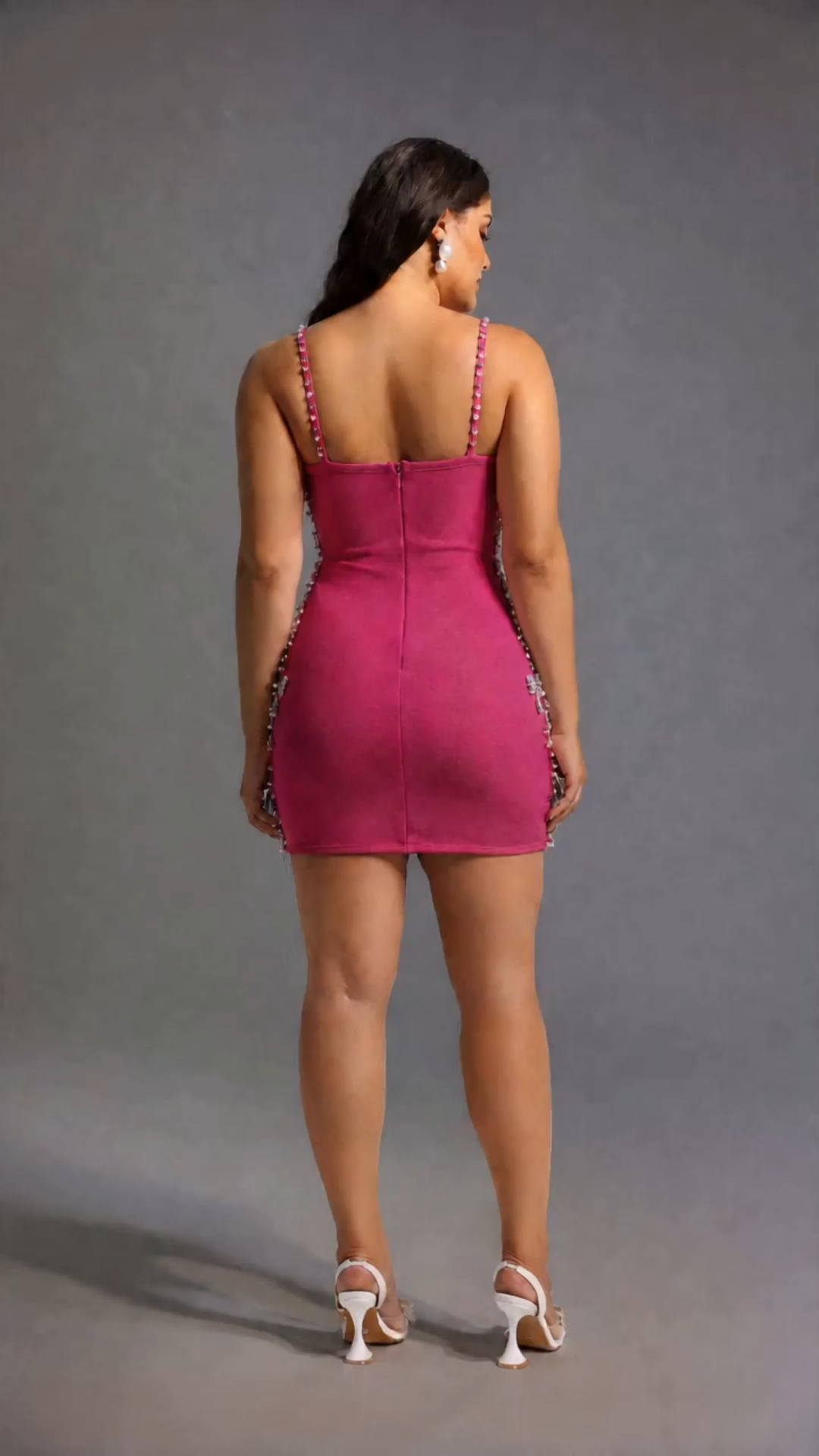 Zem Glamorous Contour Sleeveless Bow Rhinestone RosePink Bandage Mini Dress