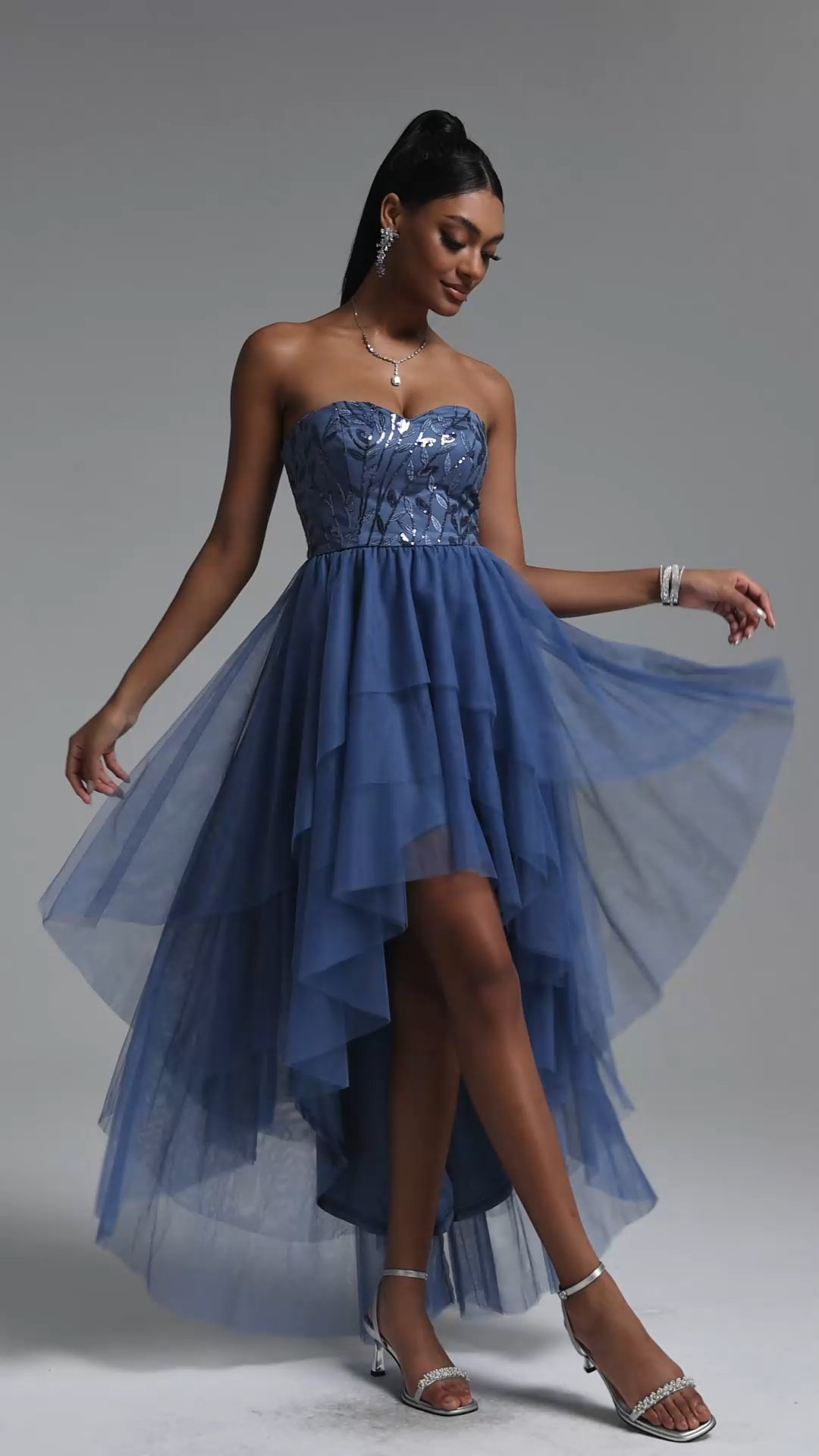 Linda Elegant Waist-Cinched Sequined Layered Midi Dress