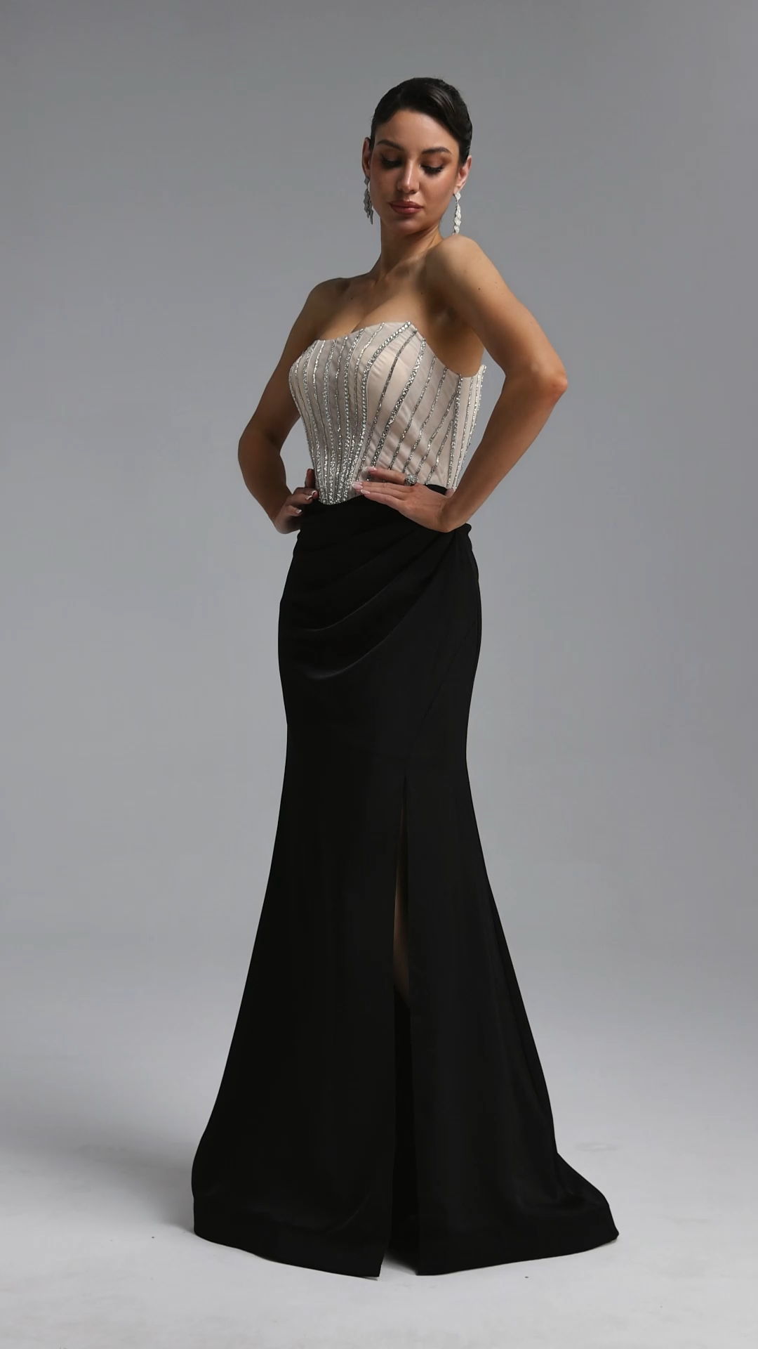 Niki Elegant Strapless Rhinestone Corset Satin Slit Maxi Dress