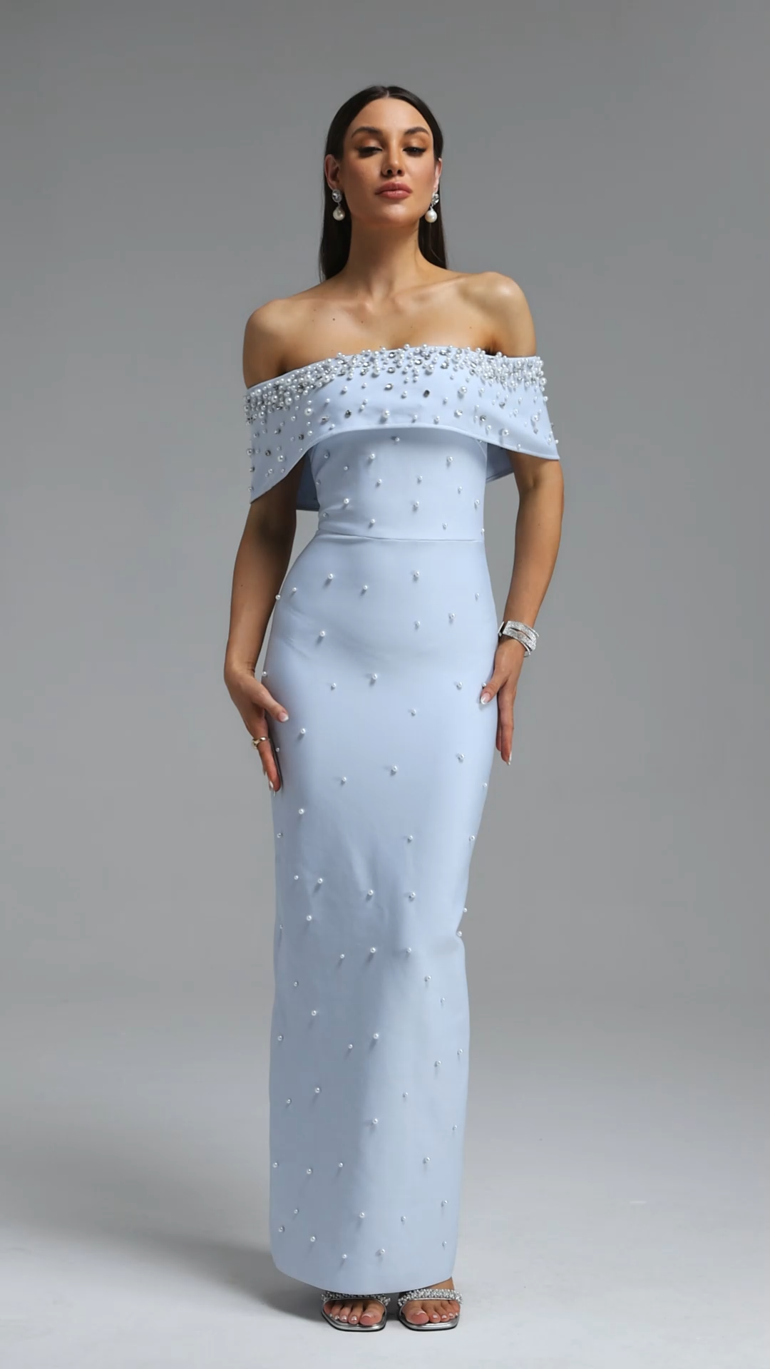 Isme Elegant Contour Off Shoulder Pearl Rhinestone Bandage Maxi Dress