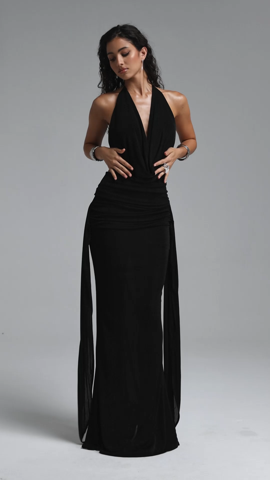 Johe Elegant V Neck Halter Cowl Neck Ruched Sash Maxi Dress