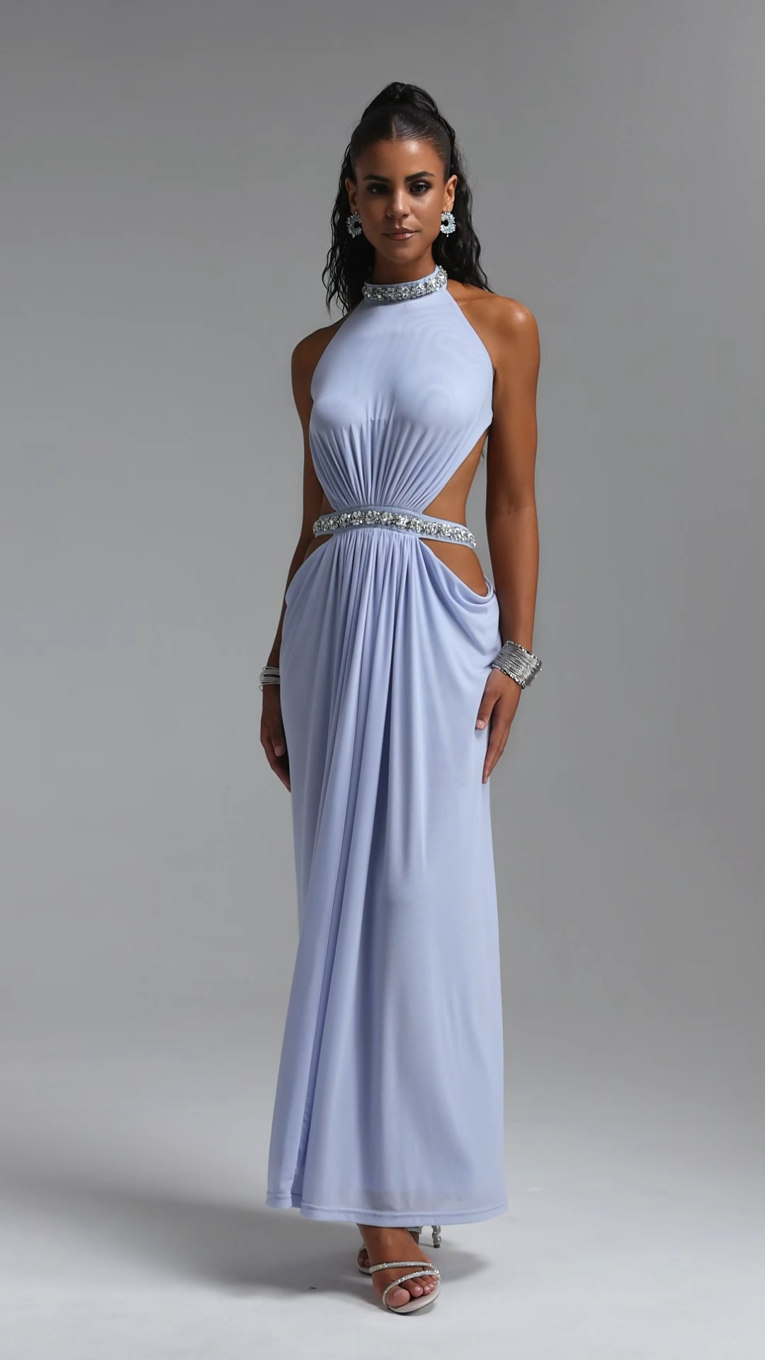 Evelina Chic Flowy Halter Open Back Ruched Blue Maxi Dress
