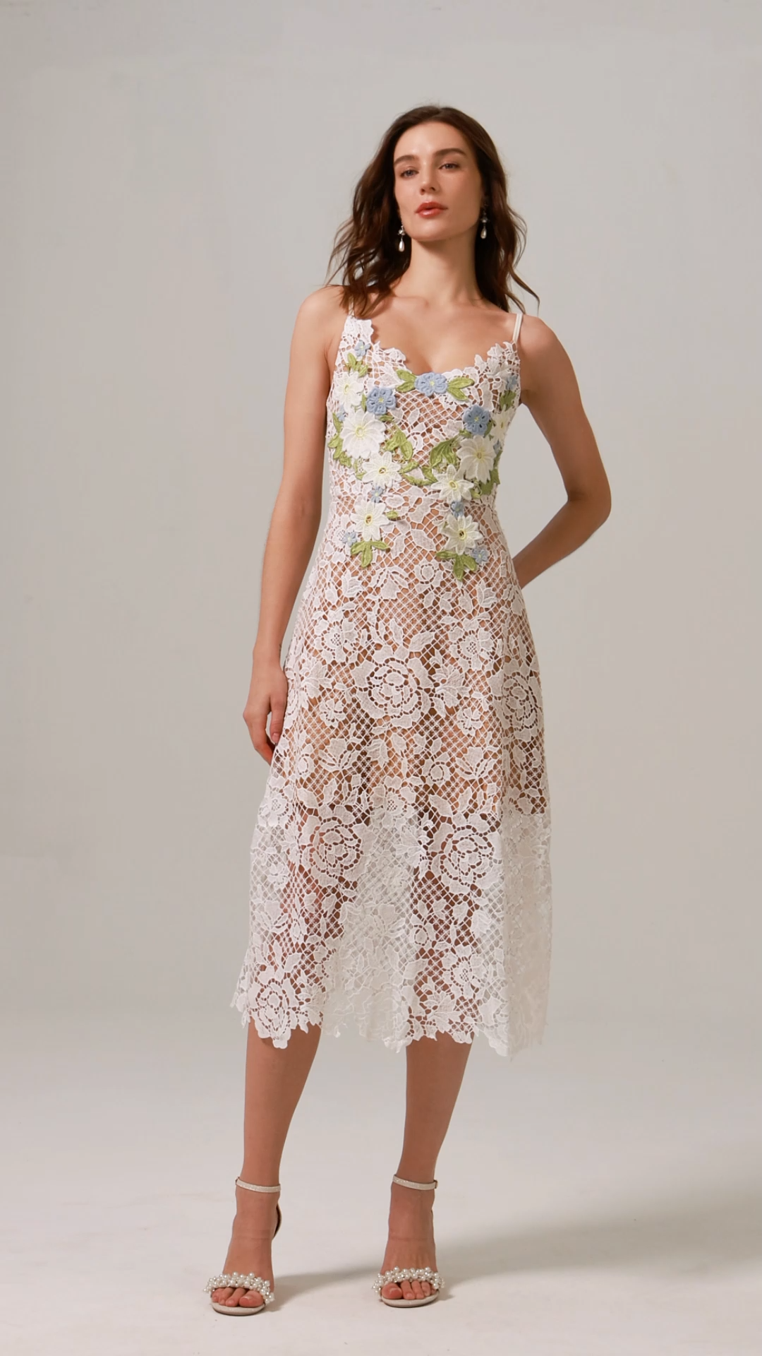 Tereza Halter Hollow Out Flowers Lace Midi Dress