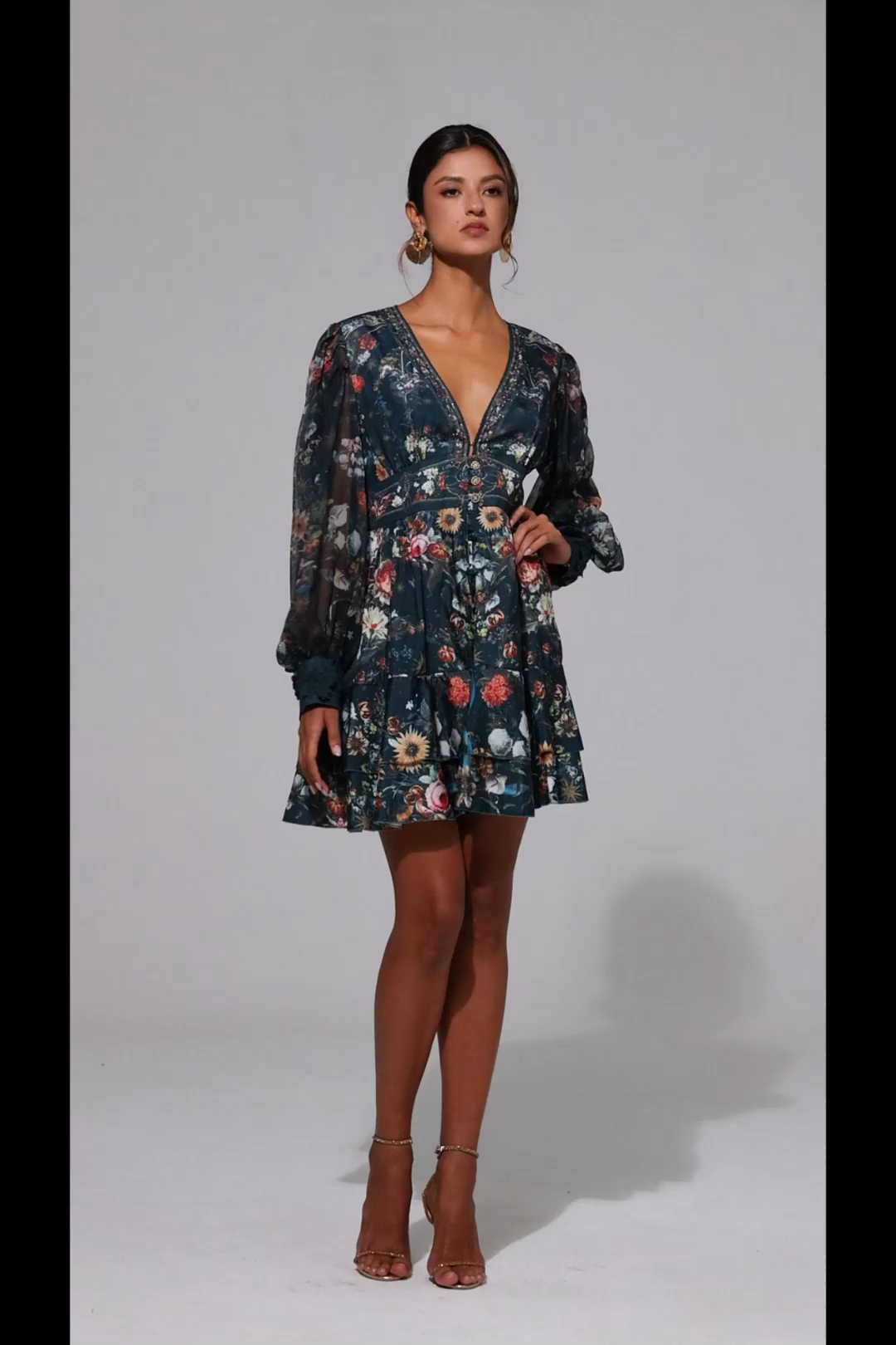 Lina V-Neck Floral Printed Long Sleeves Mini Dress