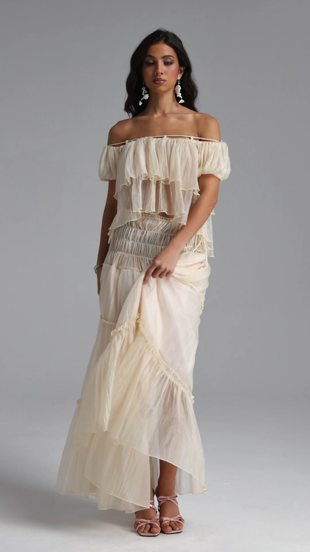 Vanessa Resort Flowy Ruffle Off Shoulder Organza Top and Skirt Two Piece Set