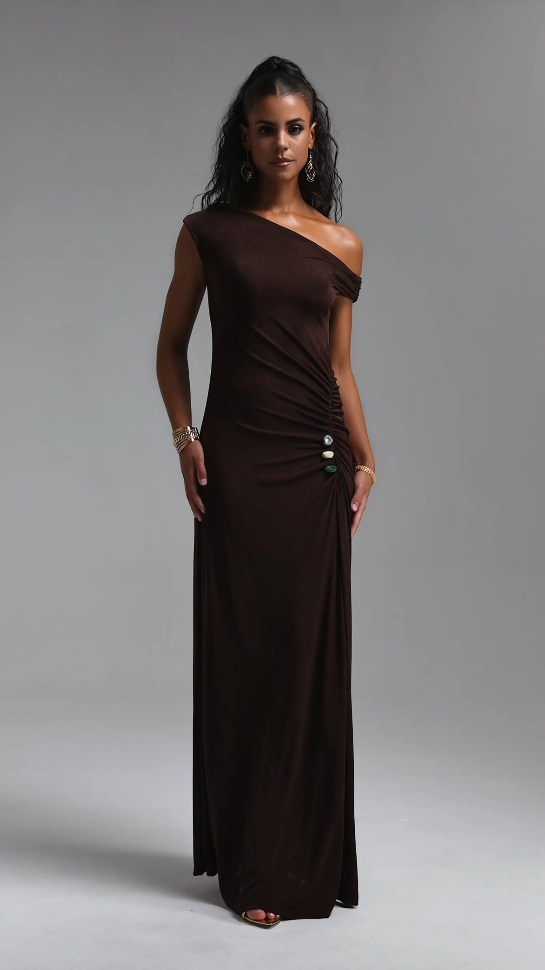 Megan Asymmetrical One Shoulder Side Ruched Knot Beaded Maxi Dress