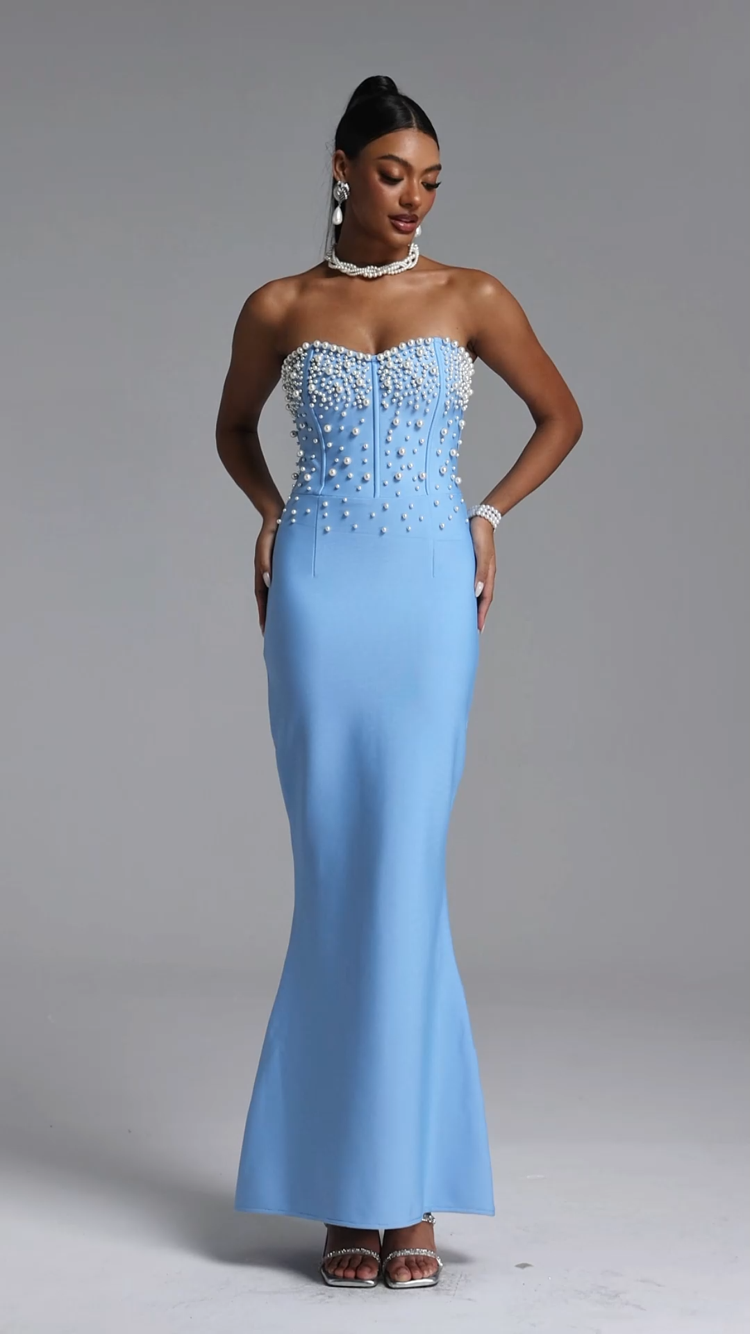 Rebel Elegant Contour Strapless Pearl Bandage Maxi Dress