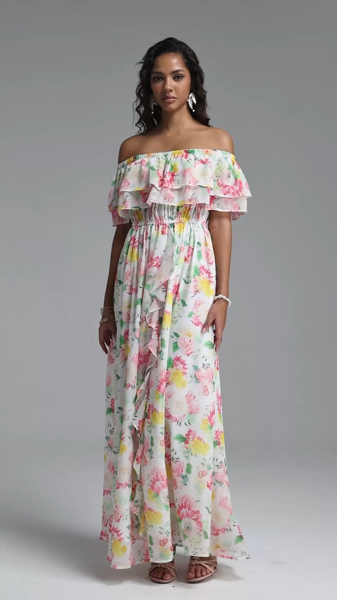 Verues Resort Flowy Off Shoulder Slit Floral Print Chiffon Maxi Dress