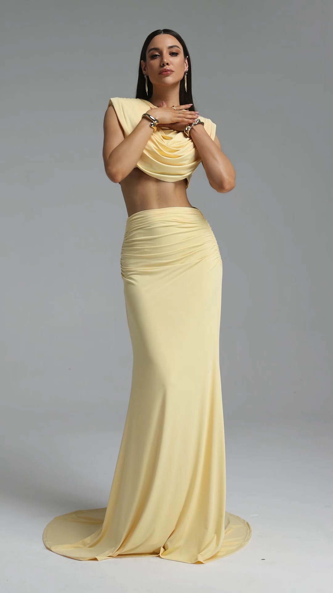 Gerianna Chic Sophisticated Draped Crop Top High Waist Ruched Set